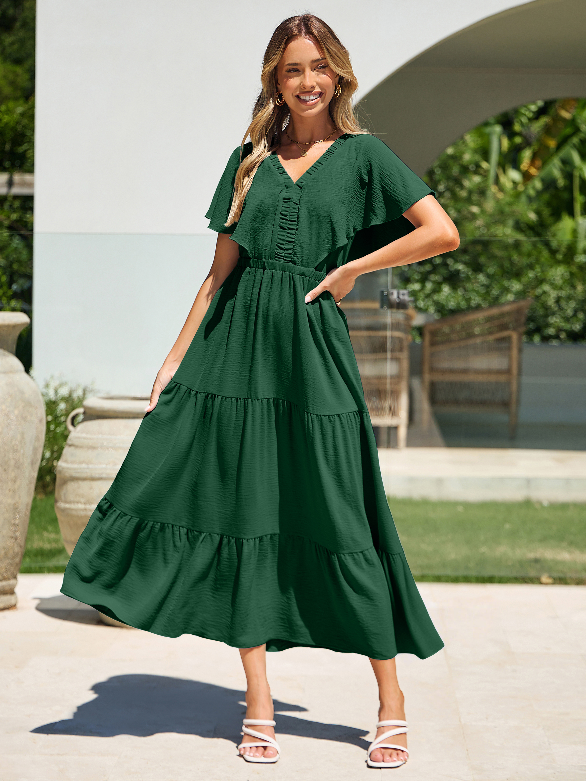 Solid Color Tiered V-Neck Ruffle Sleeve Maxi Dress - Dark Green