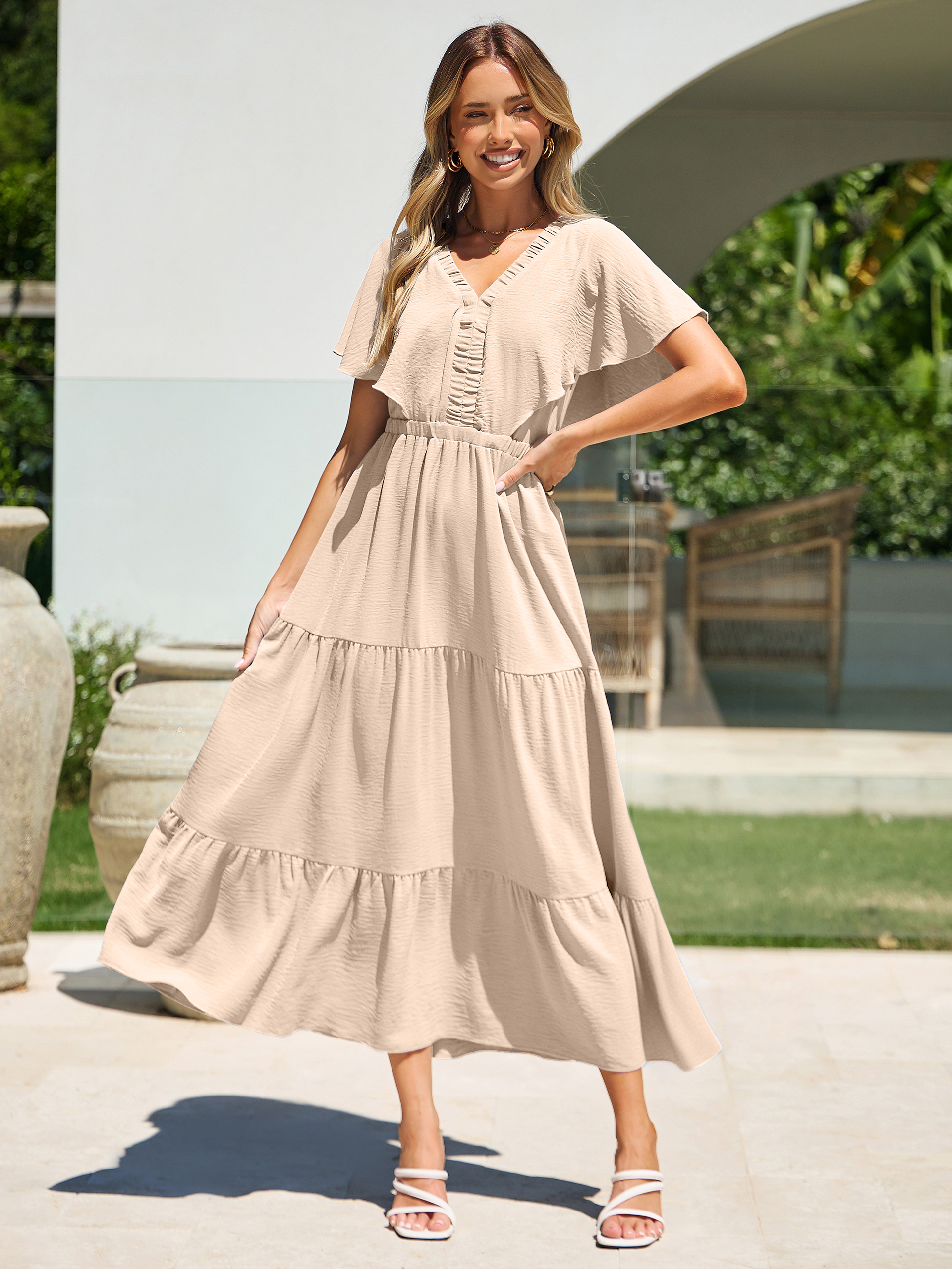 Solid Color Tiered V-Neck Ruffle Sleeve Maxi Dress