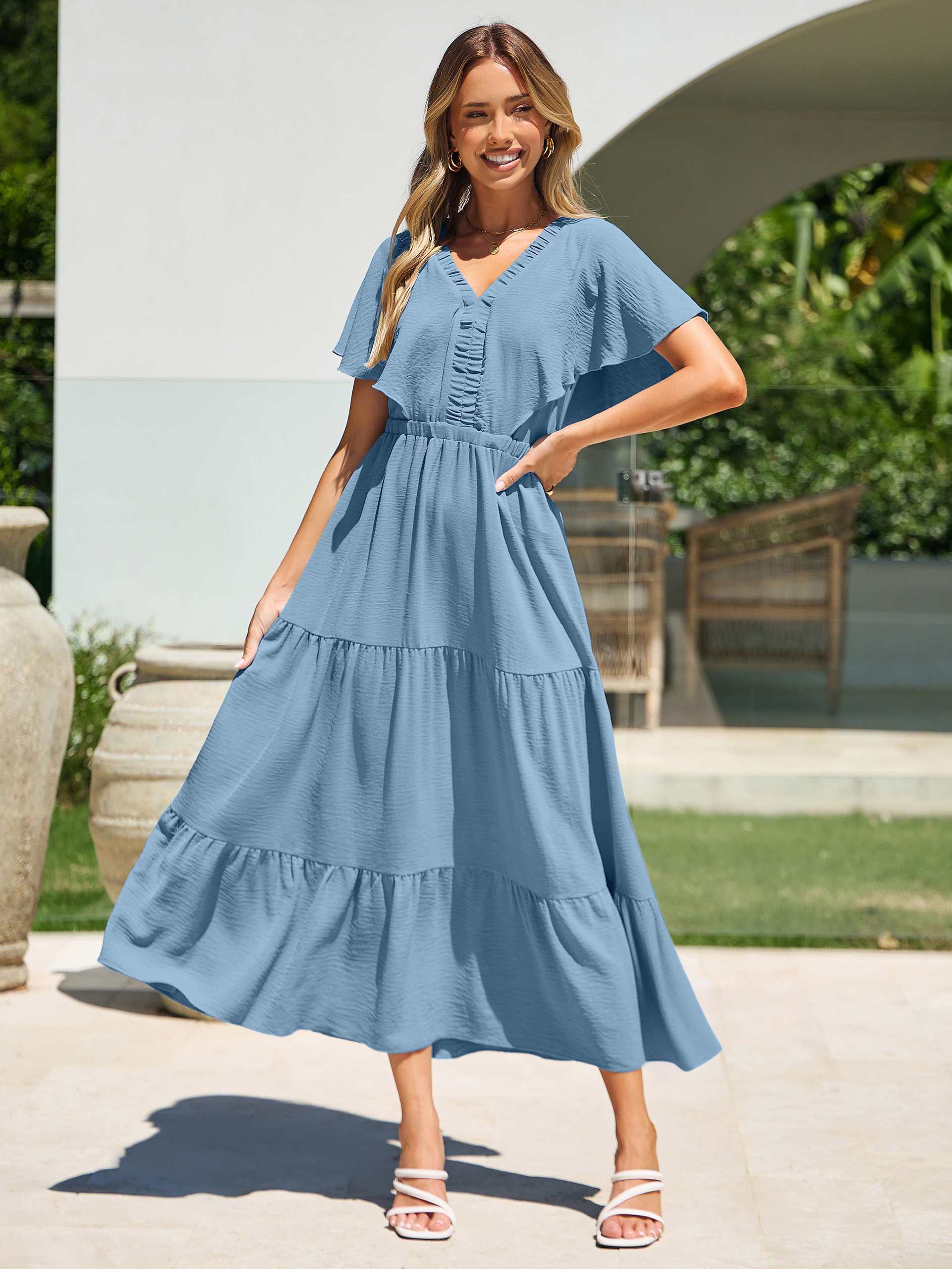 Solid Color Tiered V-Neck Ruffle Sleeve Maxi Dress