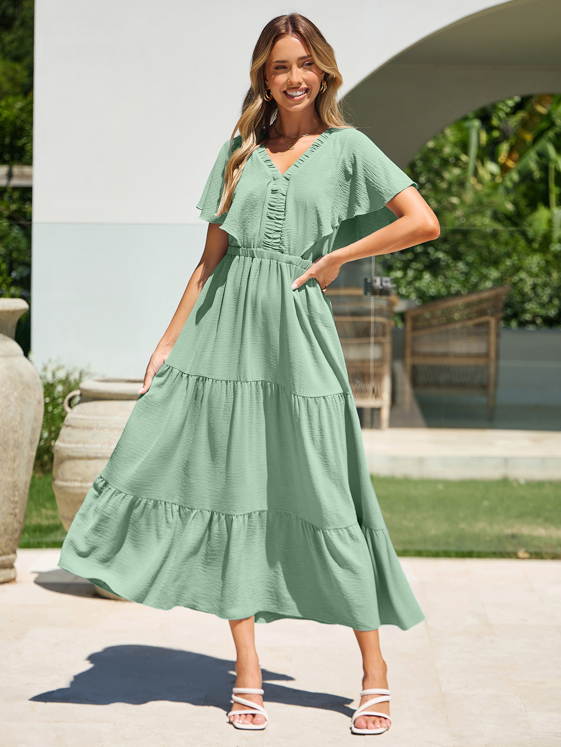 Solid Color Tiered V-Neck Ruffle Sleeve Maxi Dress