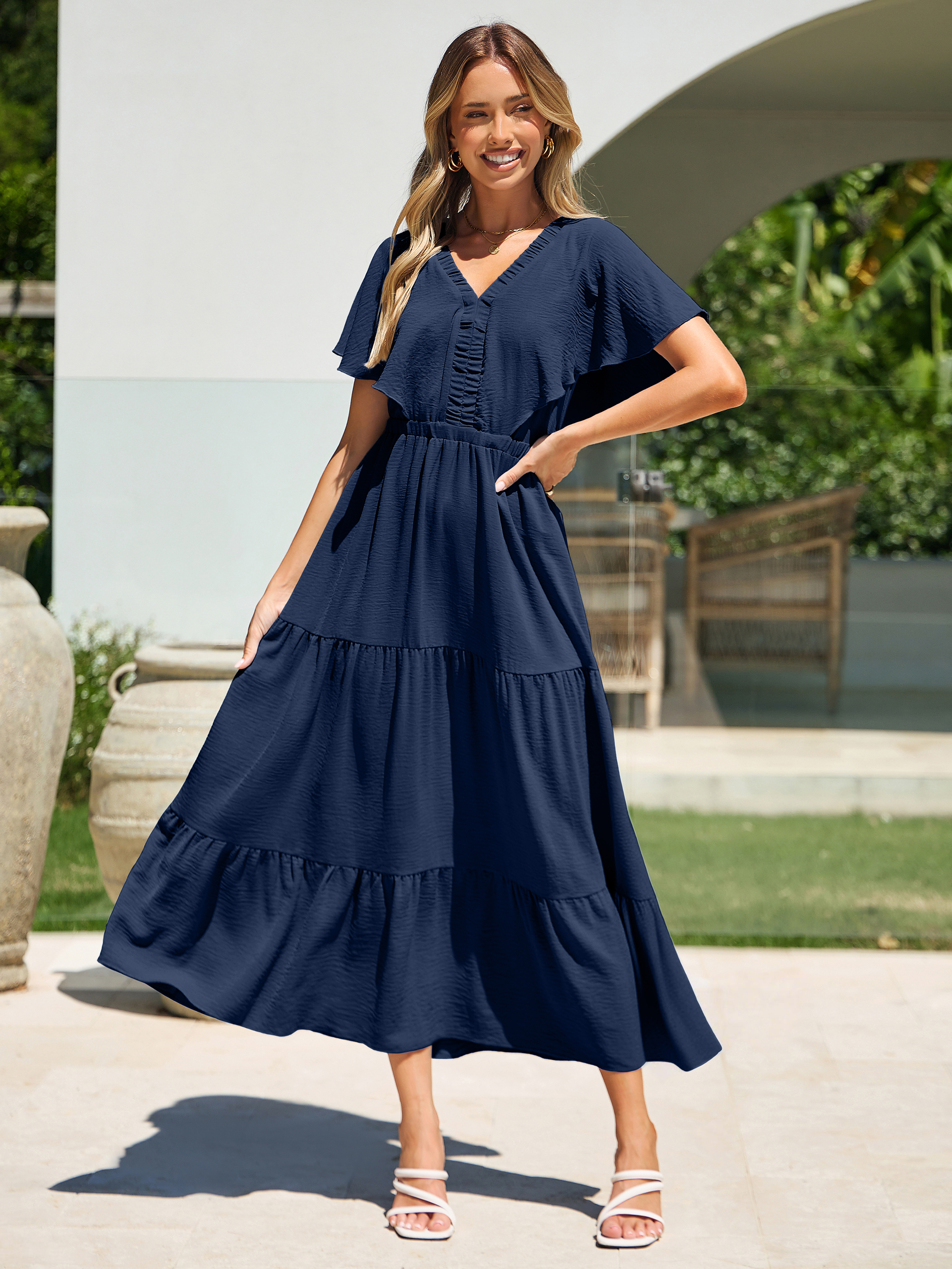 Solid Color Tiered V-Neck Ruffle Sleeve Maxi Dress