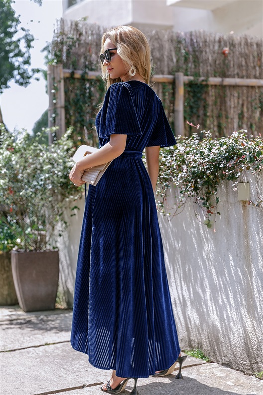 Velvet V-Neck Short Sleeve Belted Wrap Maxi Dress