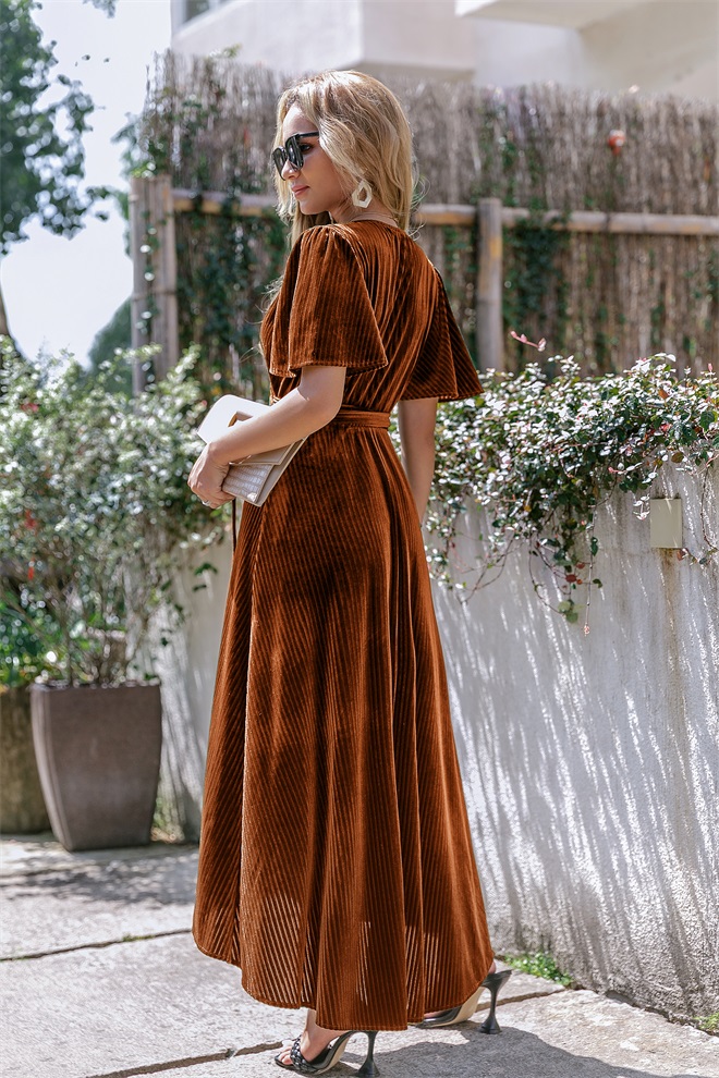 Velvet V-Neck Short Sleeve Belted Wrap Maxi Dress