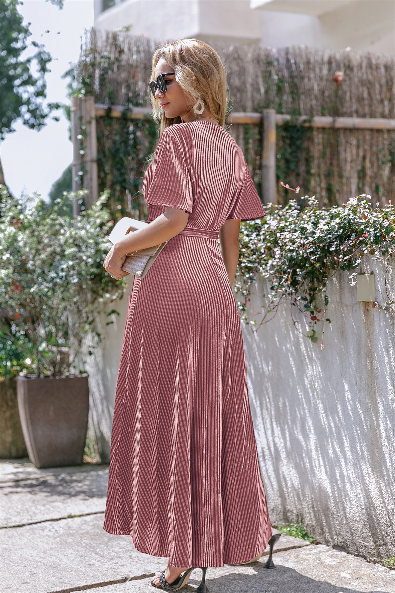 Velvet V-Neck Short Sleeve Belted Wrap Maxi Dress