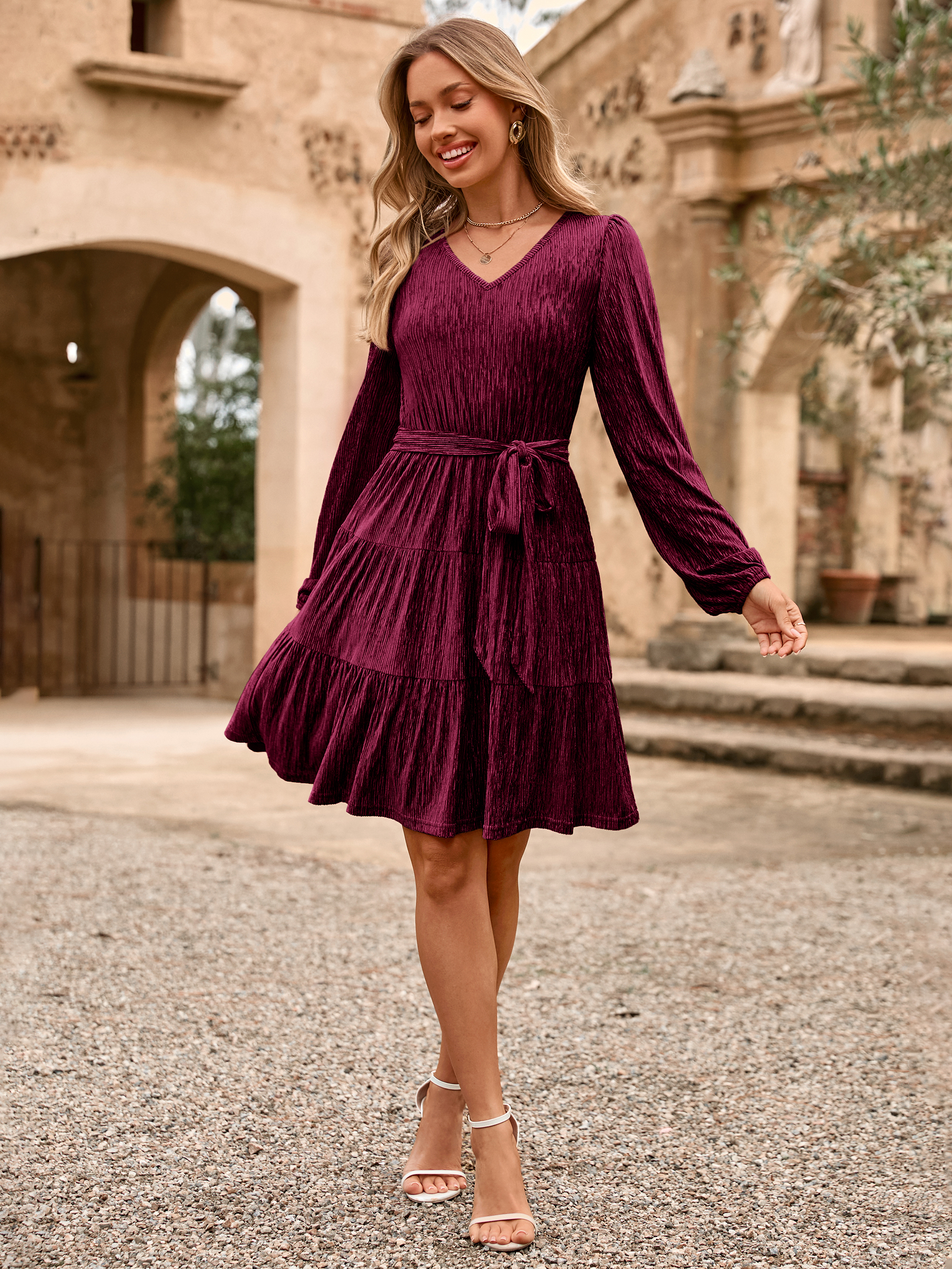 Velvet Long Sleeve V Neck Flowy Mini cocktail Dress