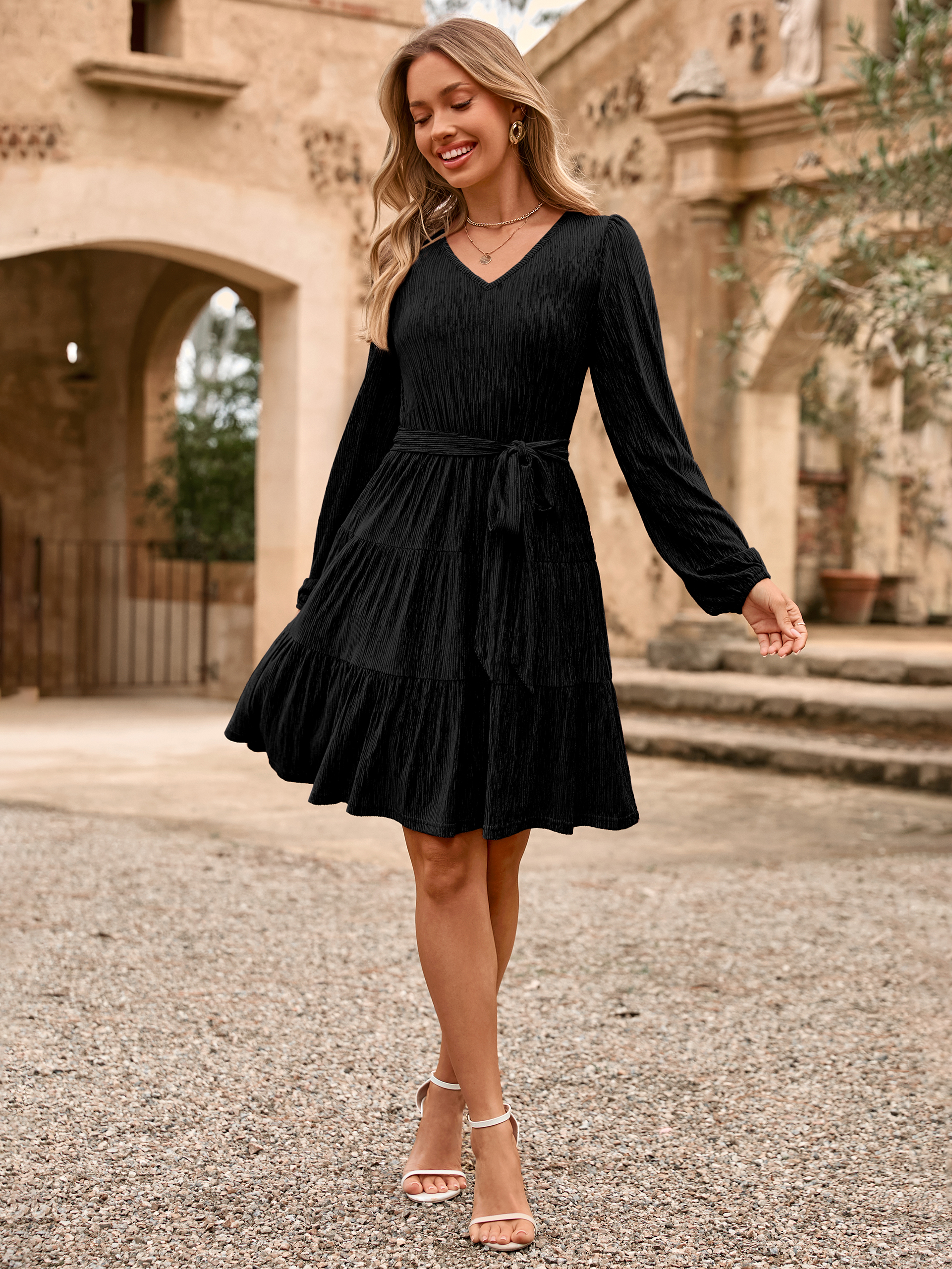 Velvet Long Sleeve V Neck Flowy Mini cocktail Dress