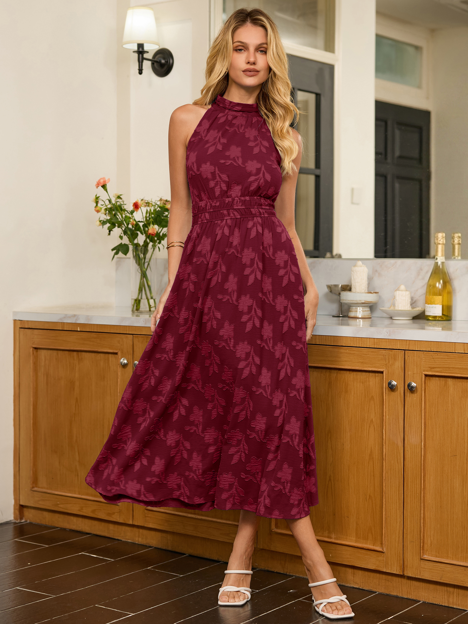 Burnout Floral Halter Maxi Dress With Pockets - Wine Red