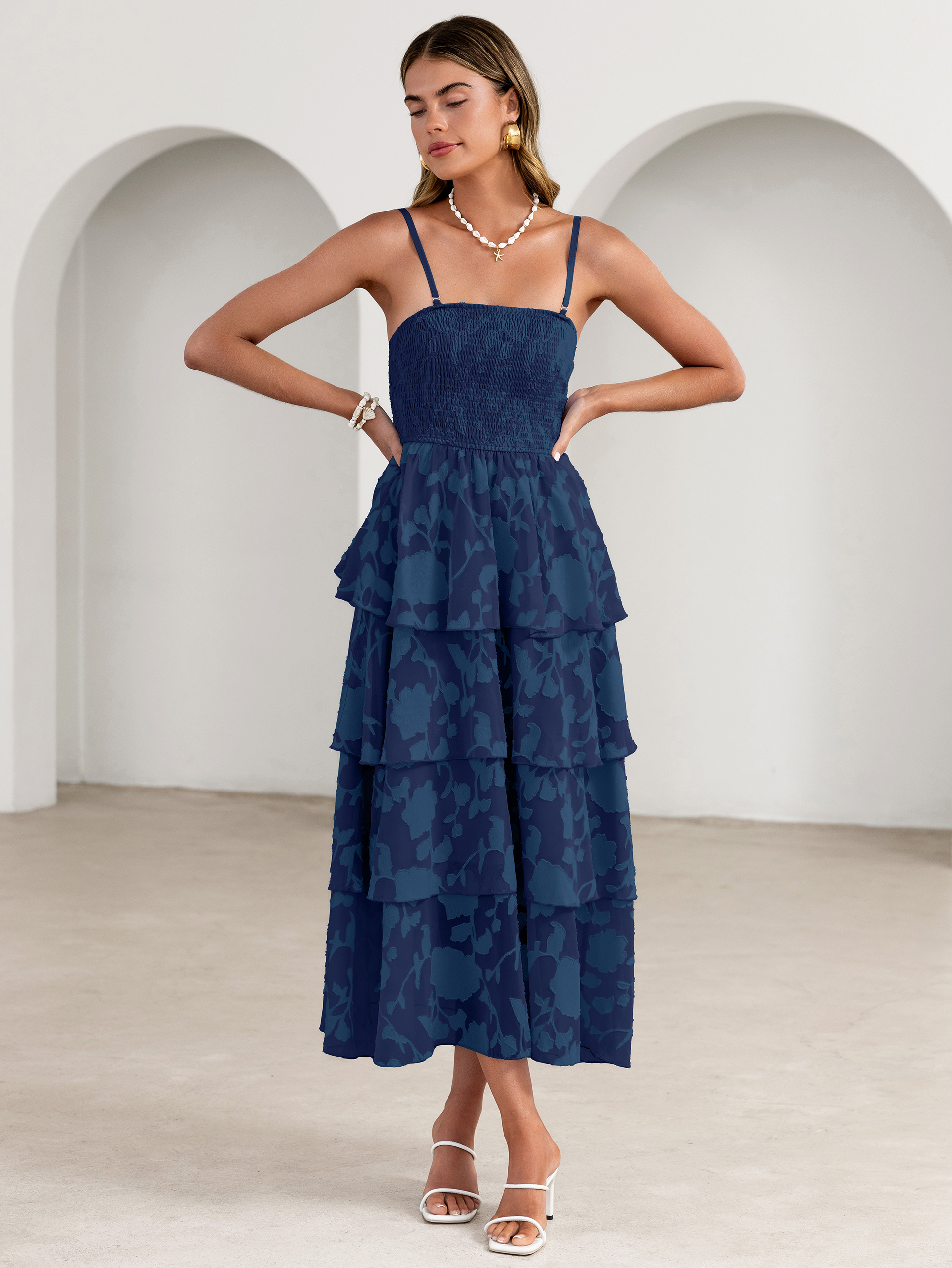 Floral Strapless Smocked Tiered Maxi Dress - Navy Blue