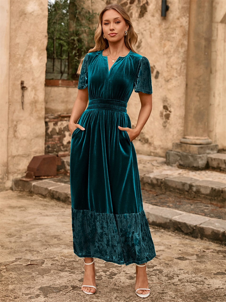 Velvet Floral Burnout V Neck Maxi Dress - Teal