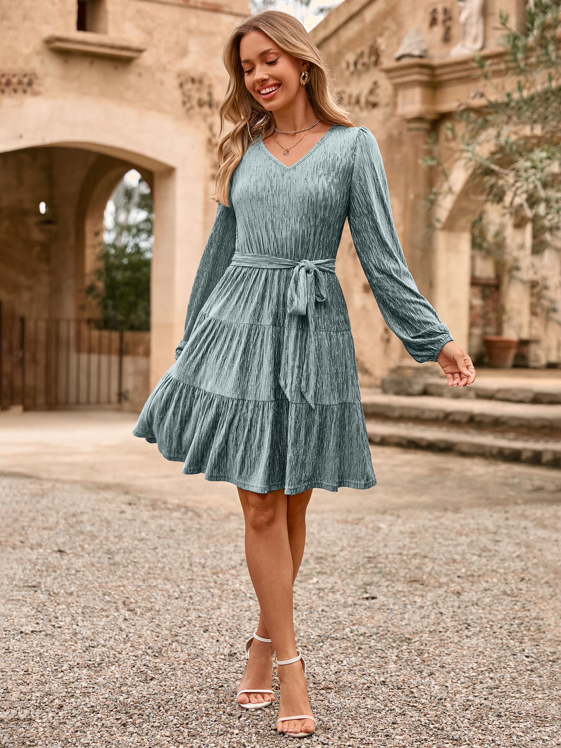 Velvet Long Sleeve V Neck Flowy Mini cocktail Dress