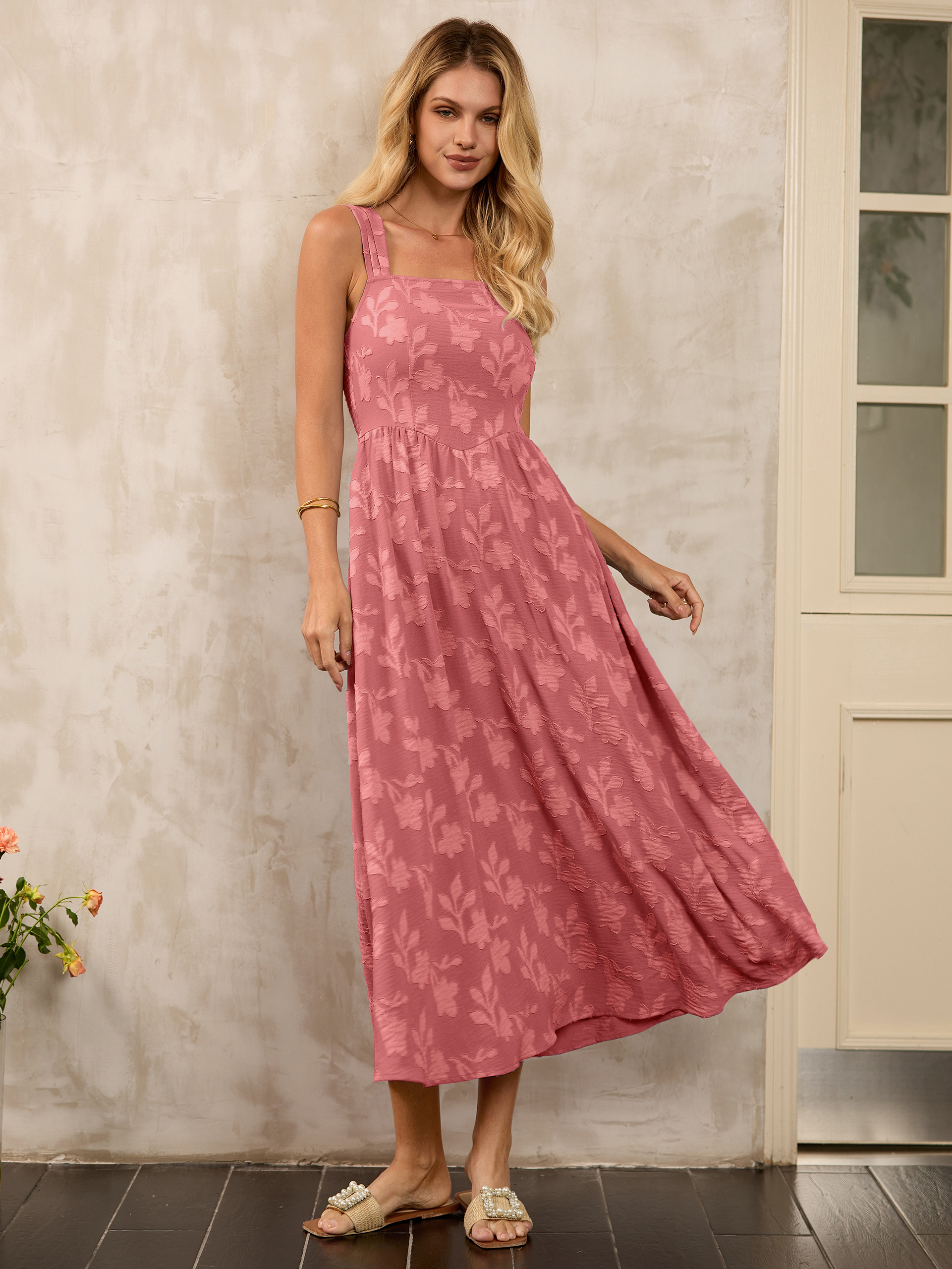 Square Neck Burnout Floral Tank Maxi Dress