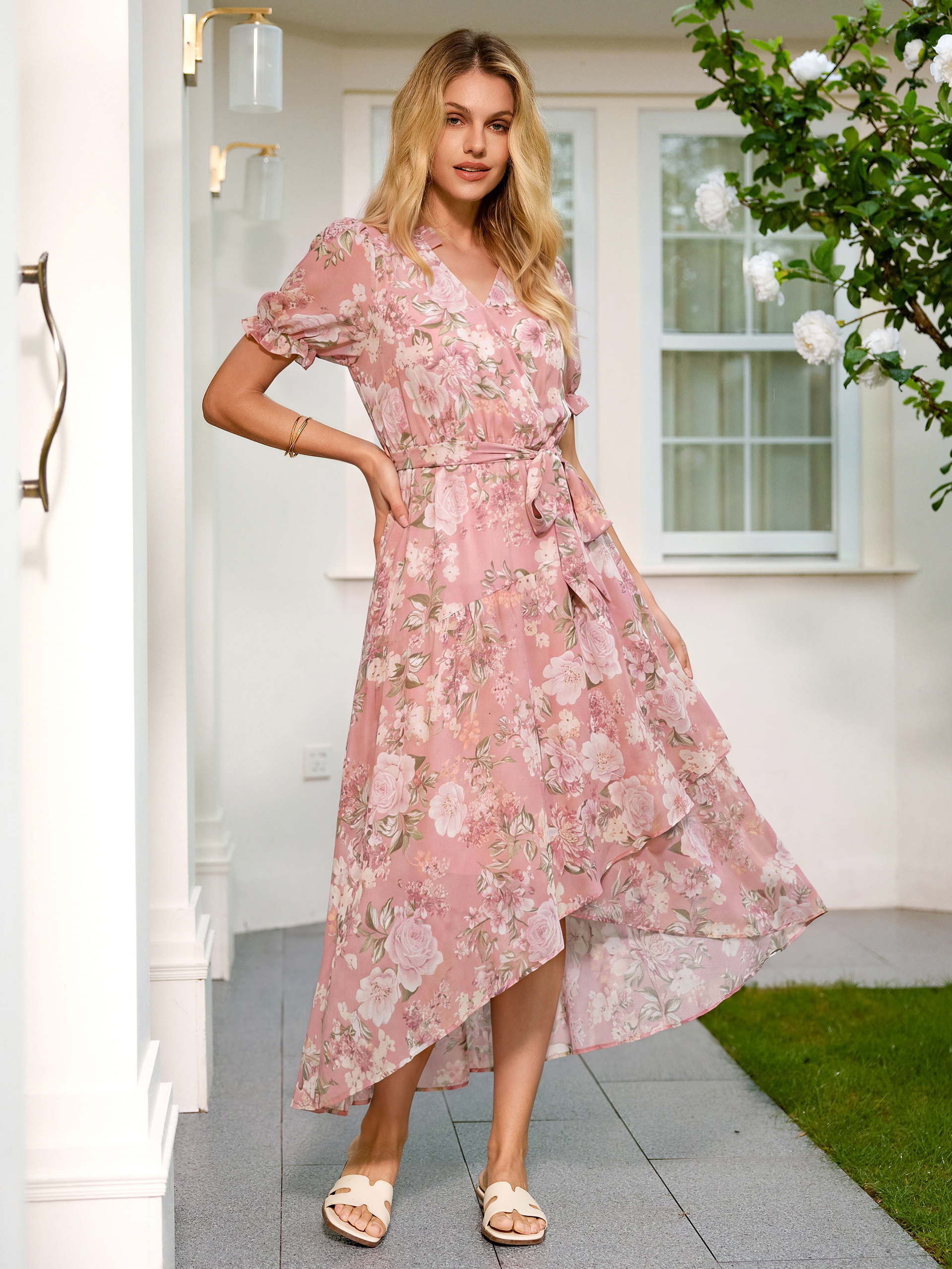 Floral Chiffon V Neck High Low Wrap Maxi Dress
