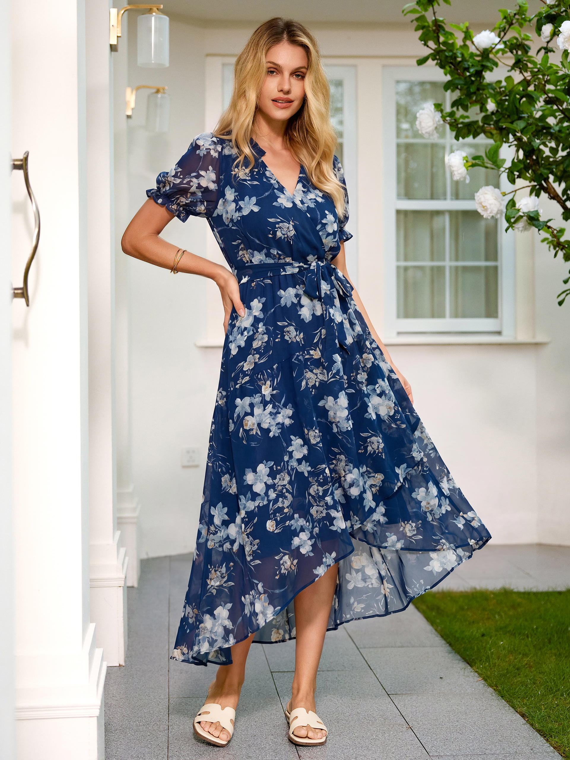 Floral Chiffon V Neck High Low Wrap Maxi Dress