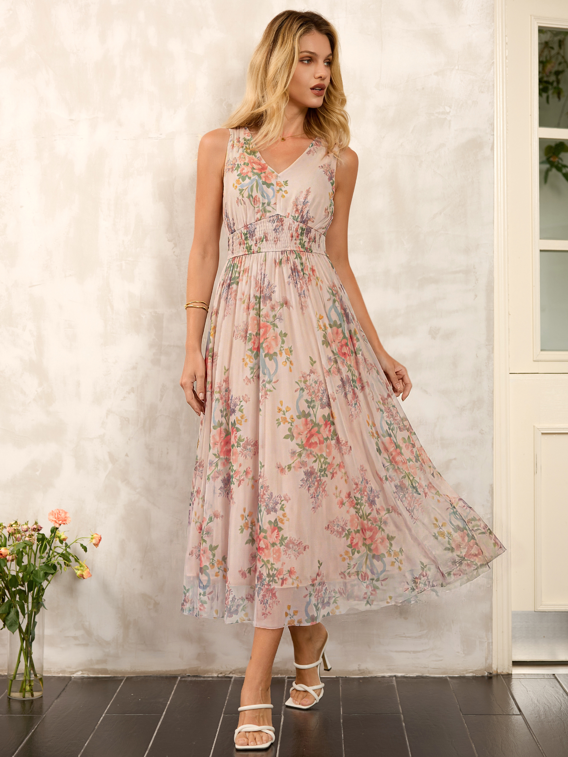 Sleeveless V Neck Floral Tulle Maxi Dress