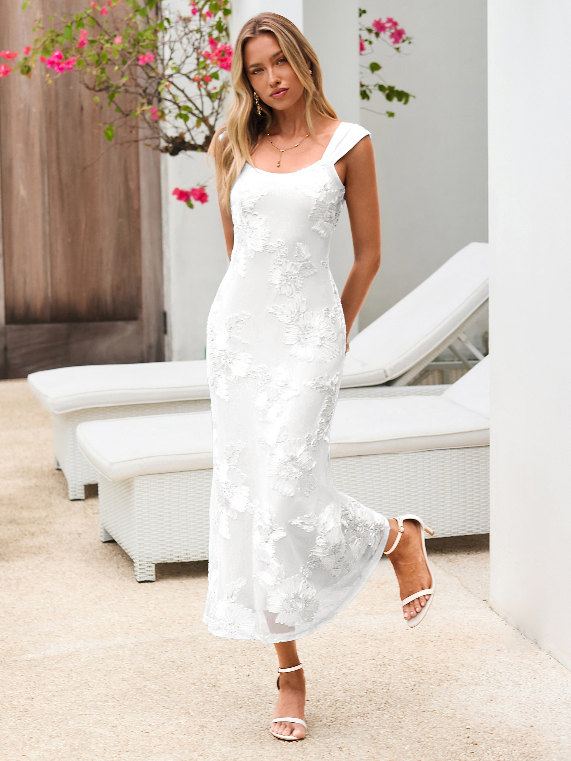 Floral Embroidered Bodycon Mesh Maxi Dress