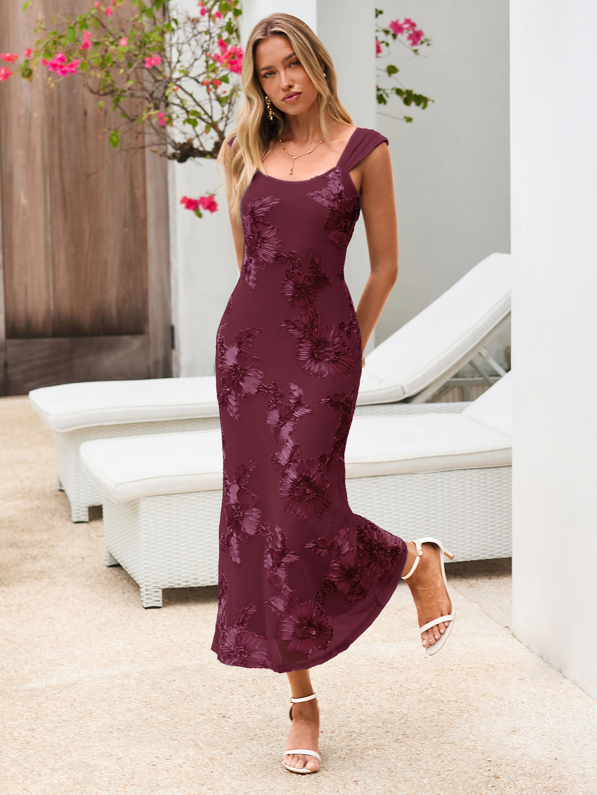 Floral Embroidered Bodycon Mesh Maxi Dress