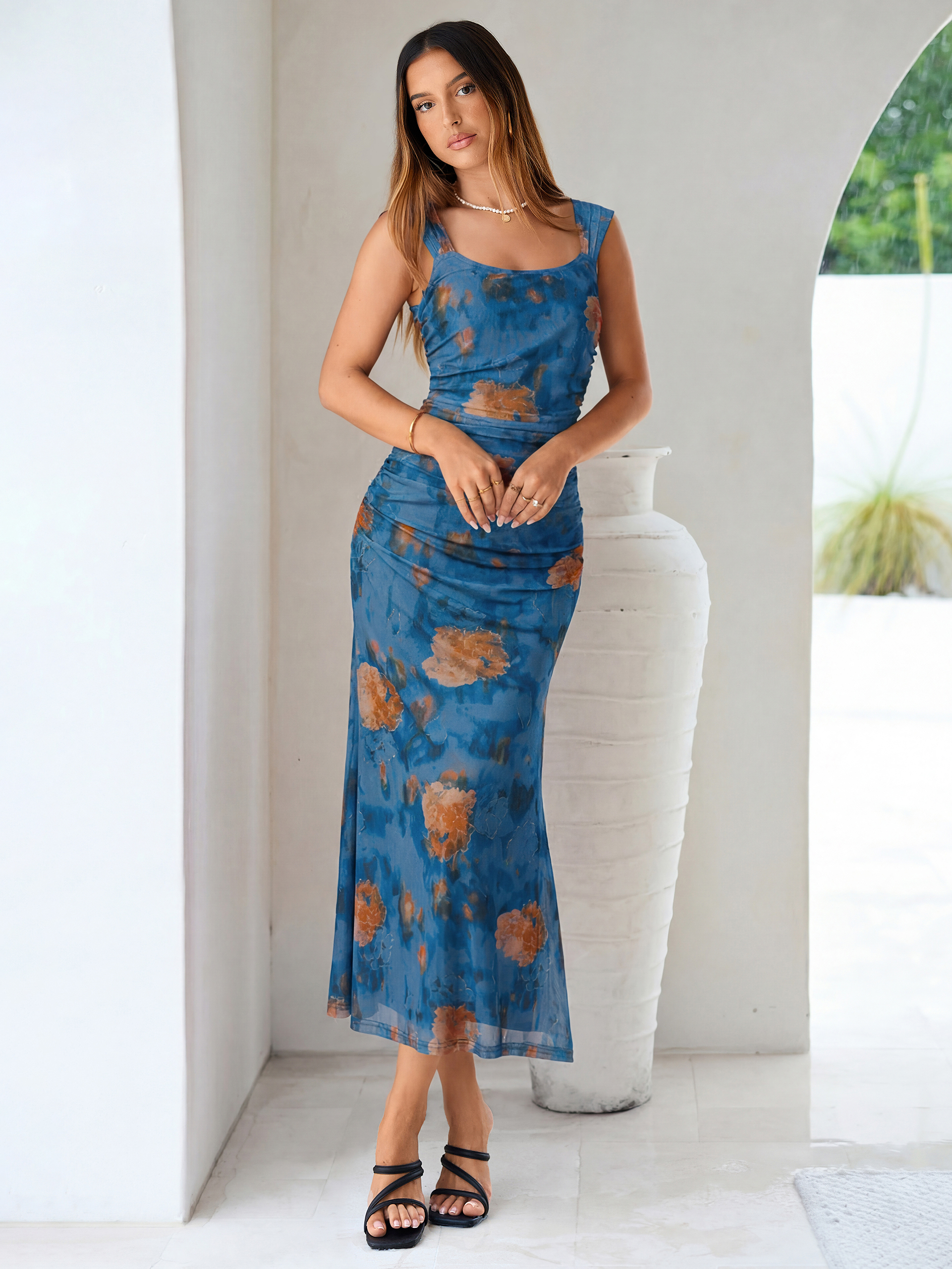 Floral Square Neck Ruched Mesh Bodycon Maxi Dress