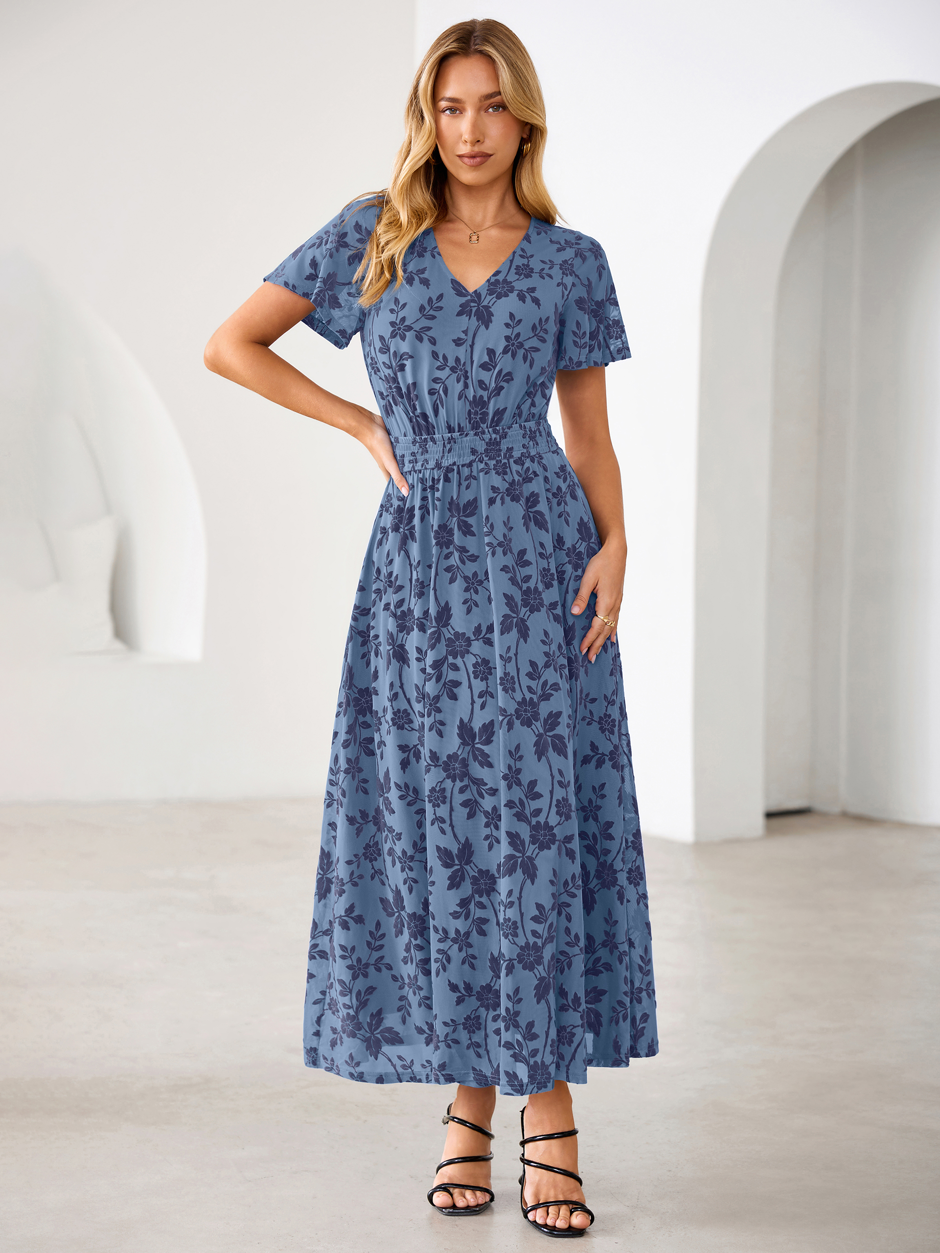 Flocked Floral V Neck Mesh Smocked Maxi Dress