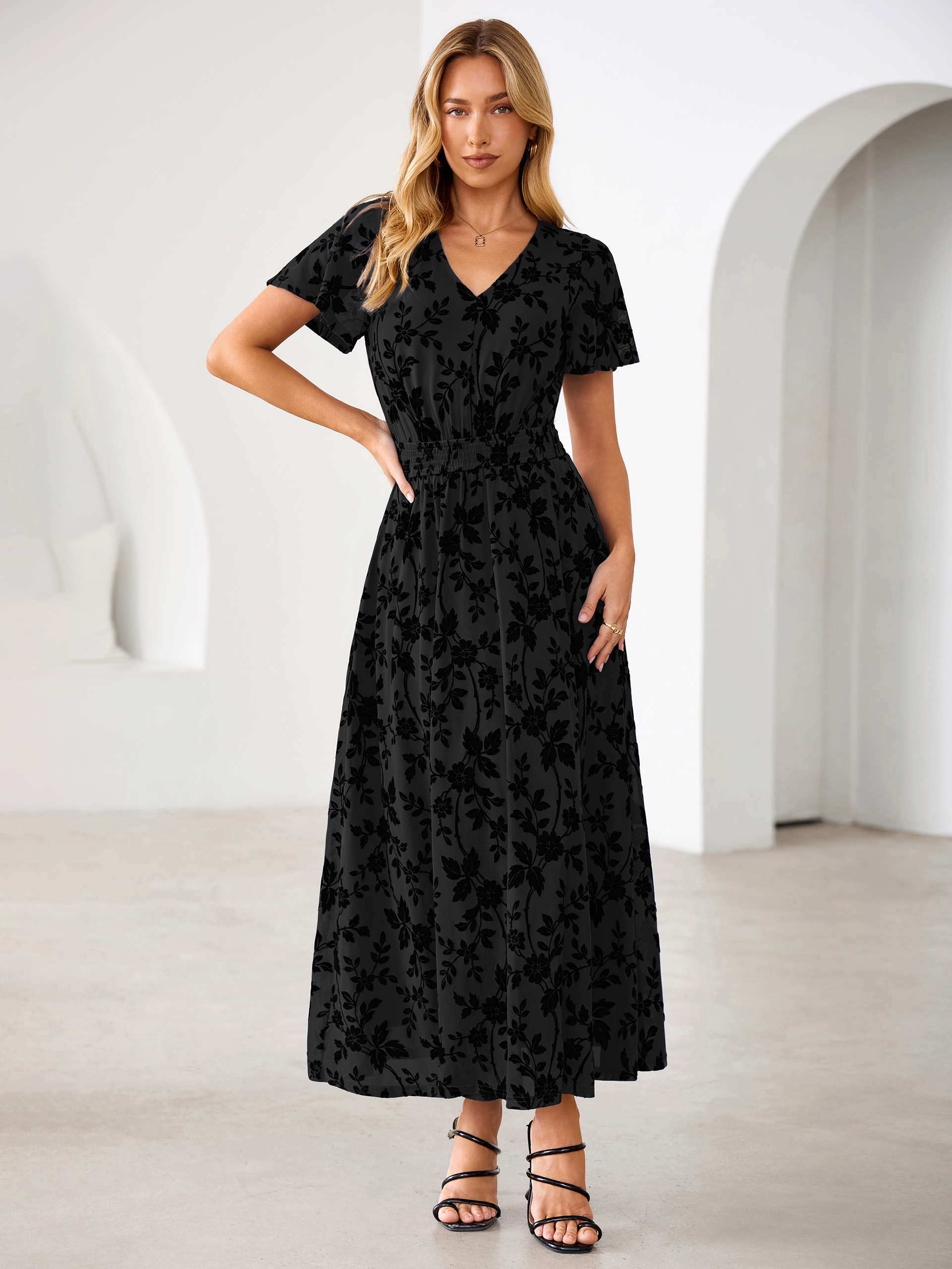 Flocked Floral V Neck Mesh Smocked Maxi Dress