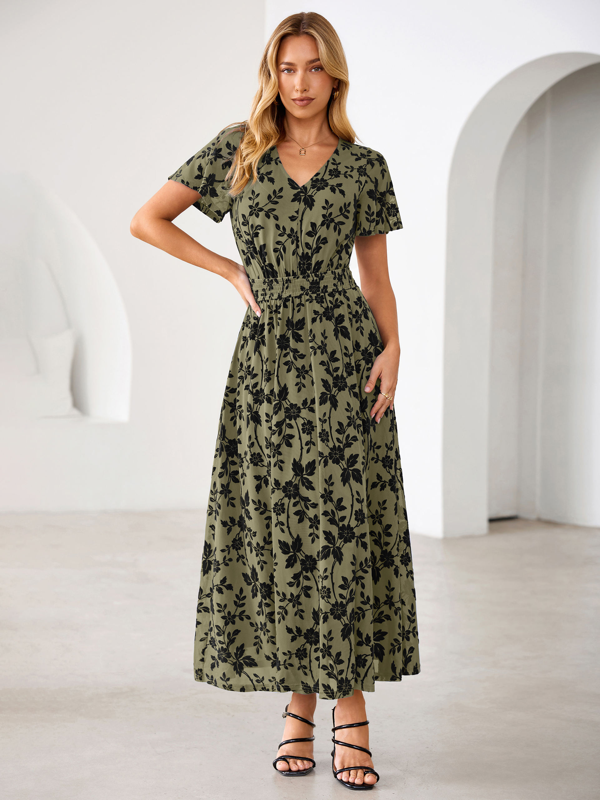 Flocked Floral V Neck Mesh Smocked Maxi Dress
