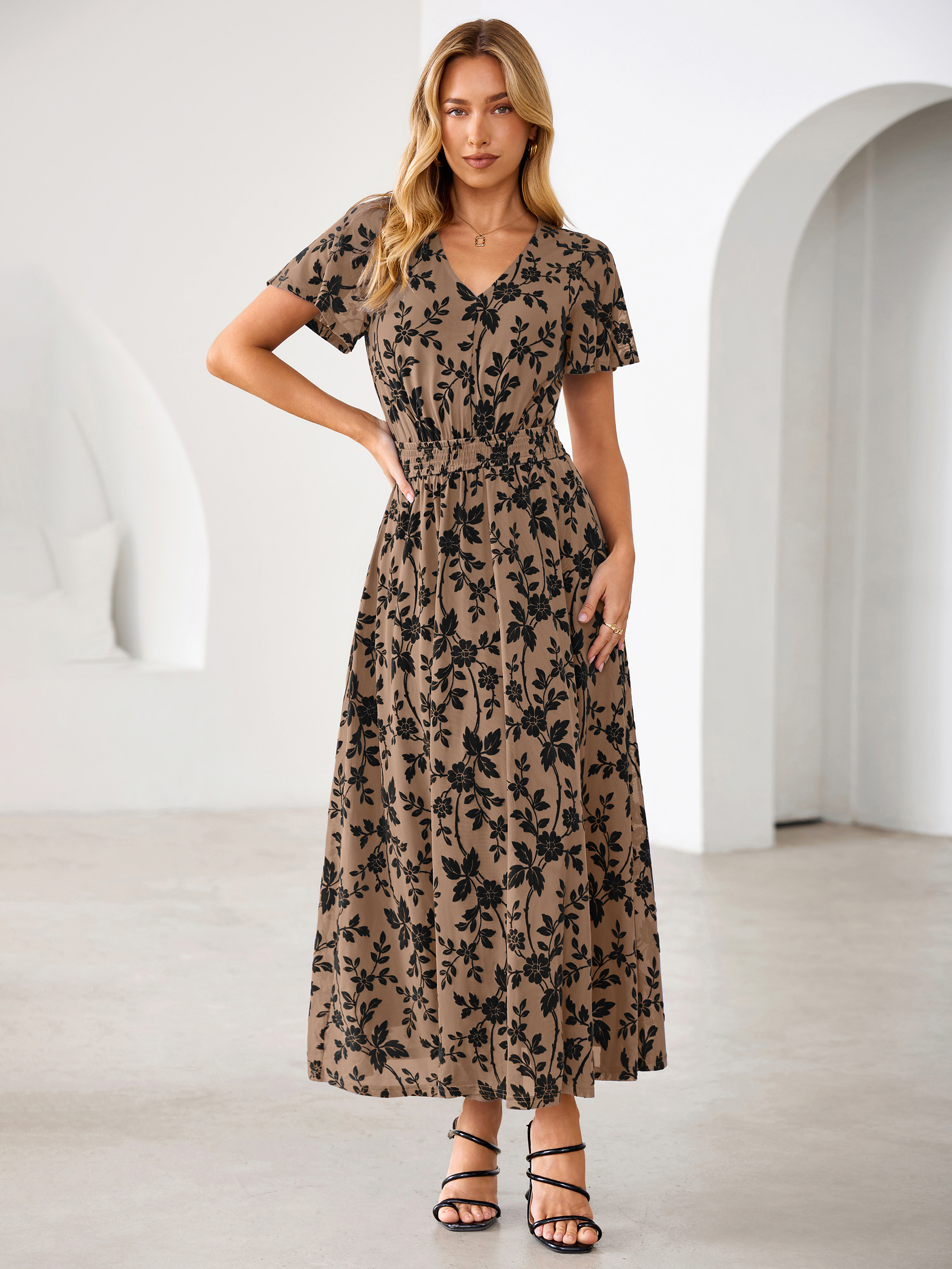 Flocked Floral V Neck Mesh Smocked Maxi Dress