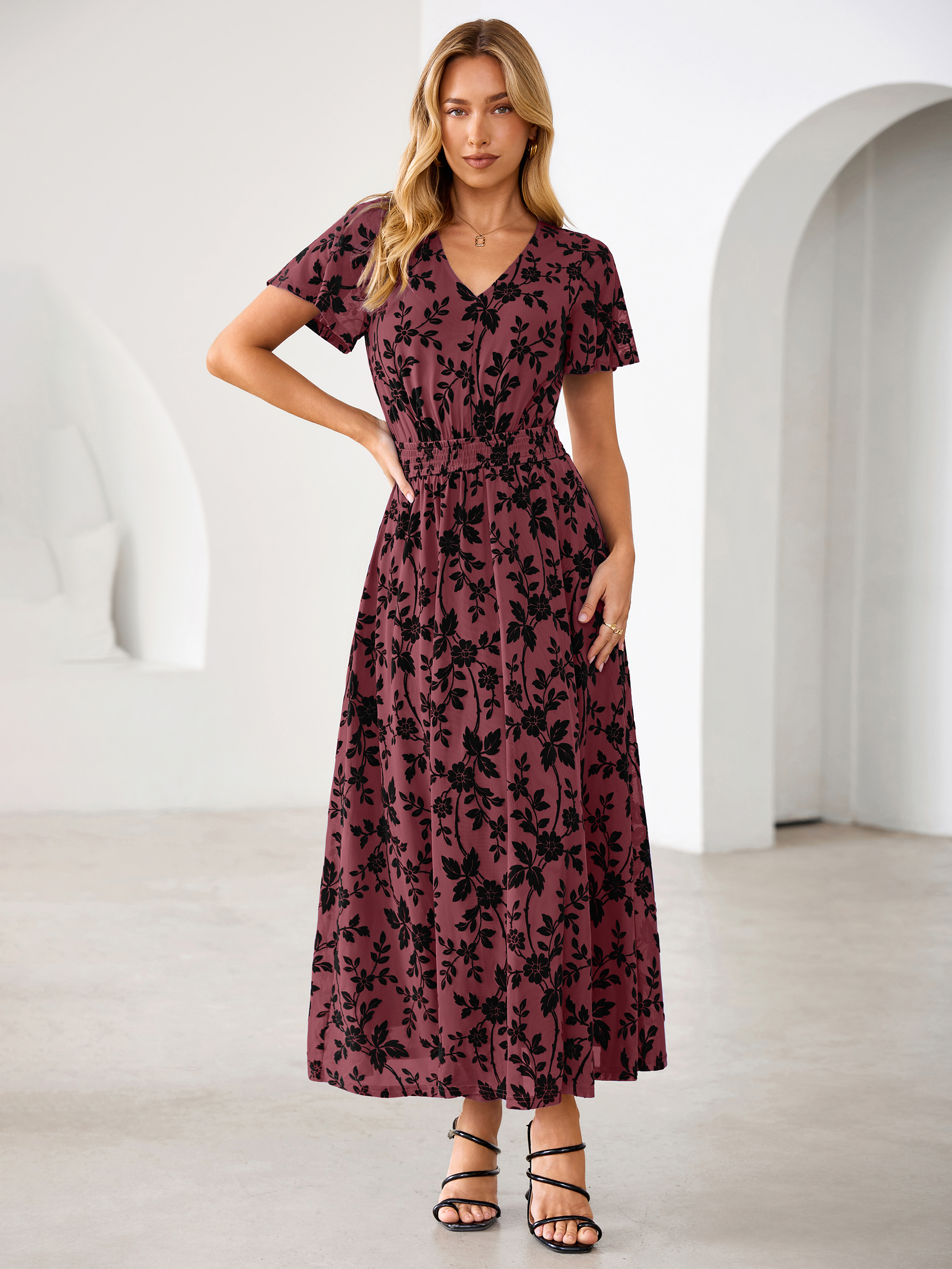 Flocked Floral V Neck Mesh Smocked Maxi Dress
