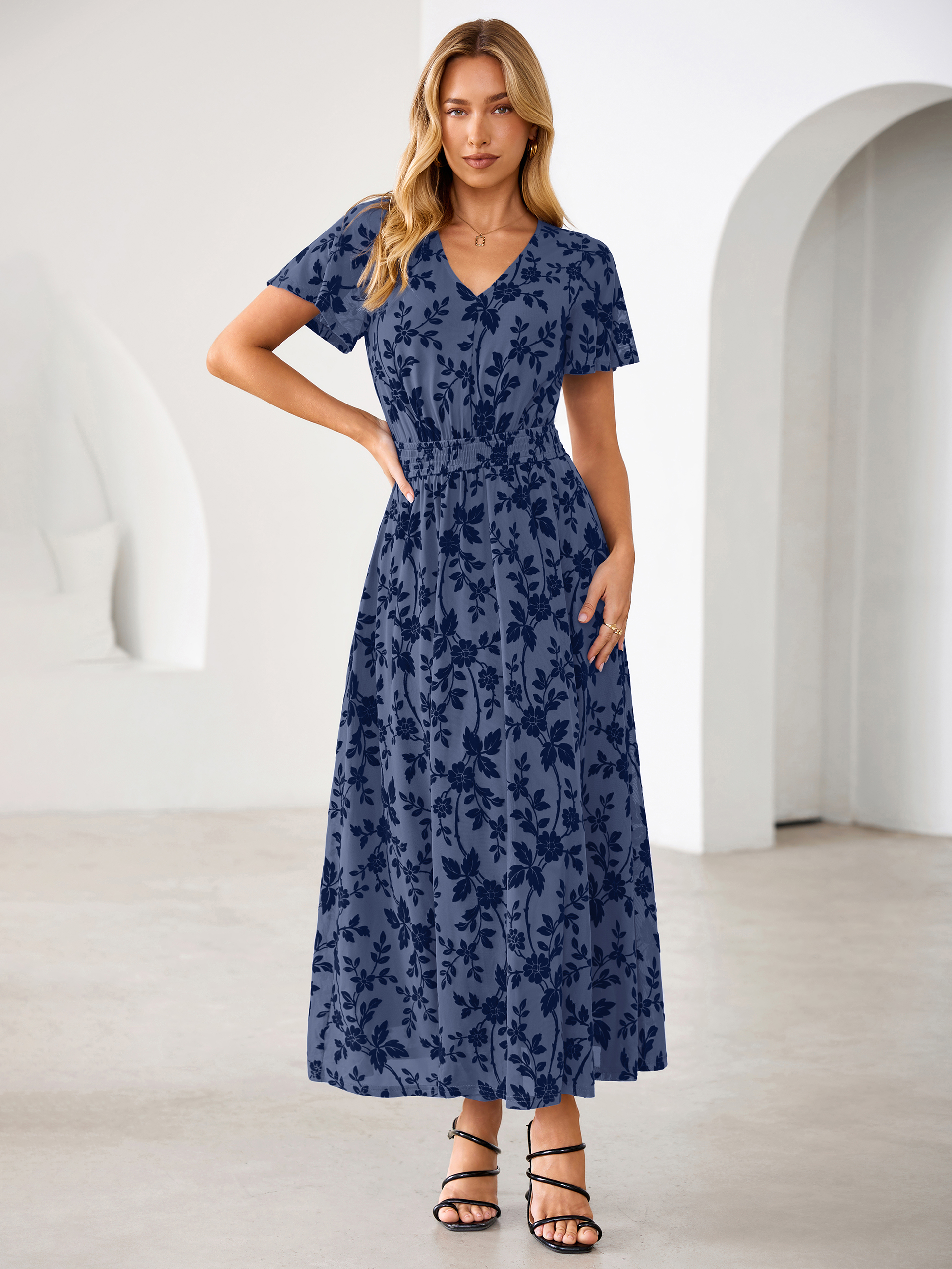 Flocked Floral V Neck Mesh Smocked Maxi Dress