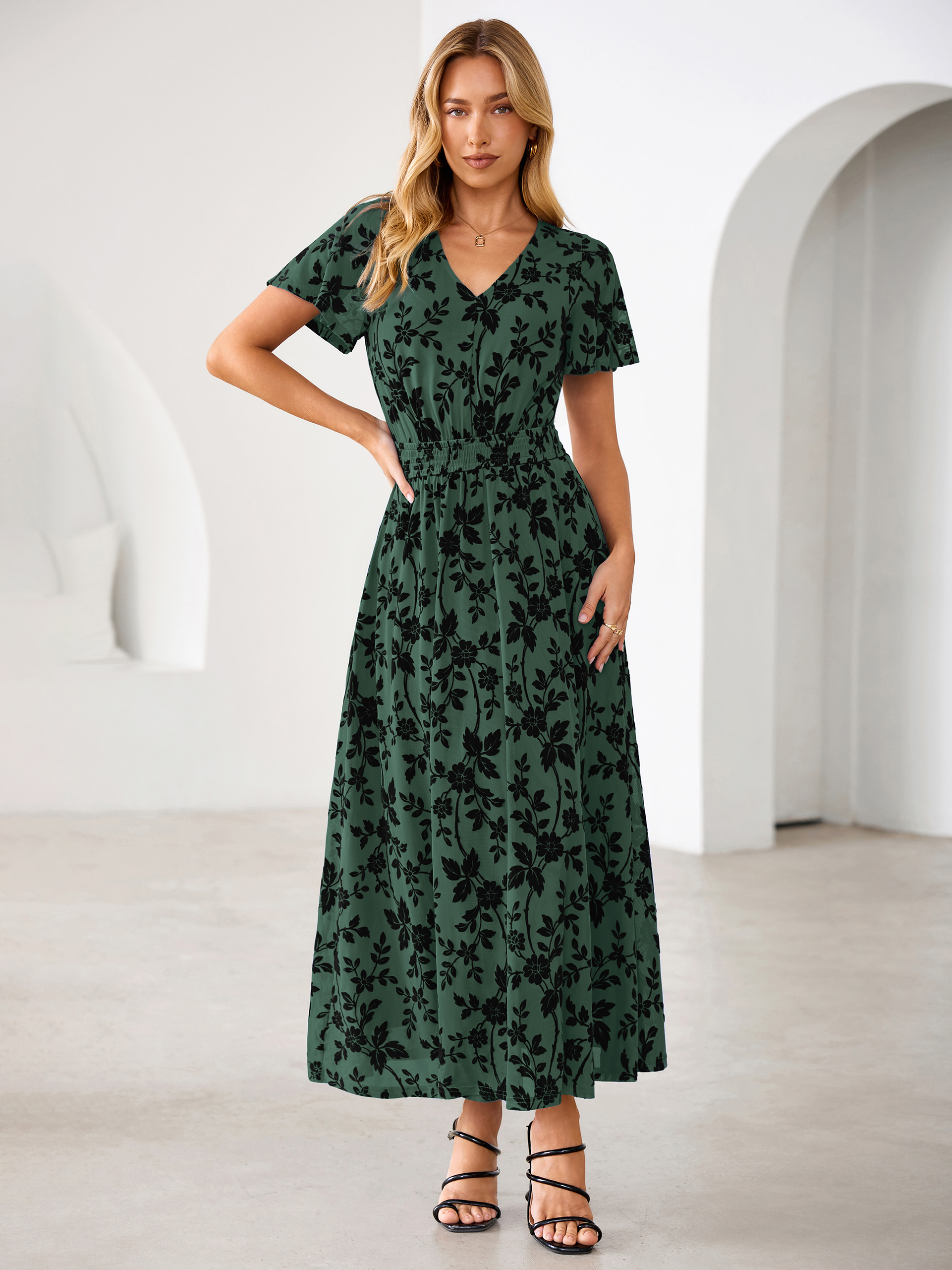 Flocked Floral V Neck Mesh Smocked Maxi Dress
