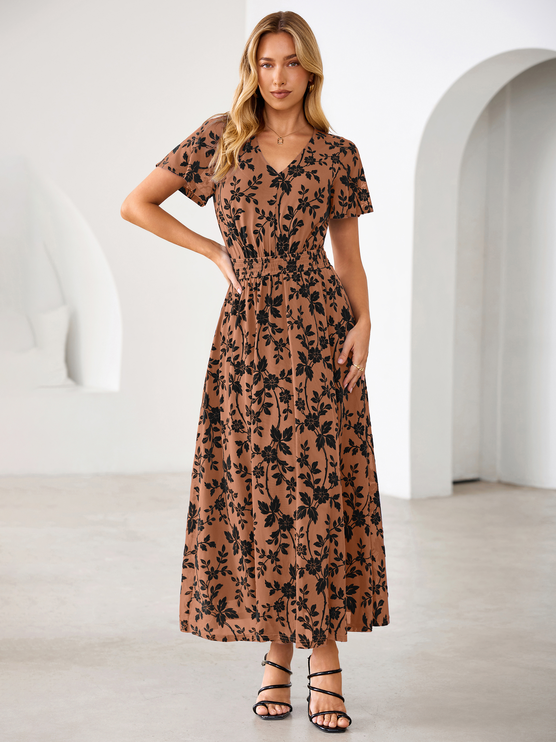 Flocked Floral V Neck Mesh Smocked Maxi Dress