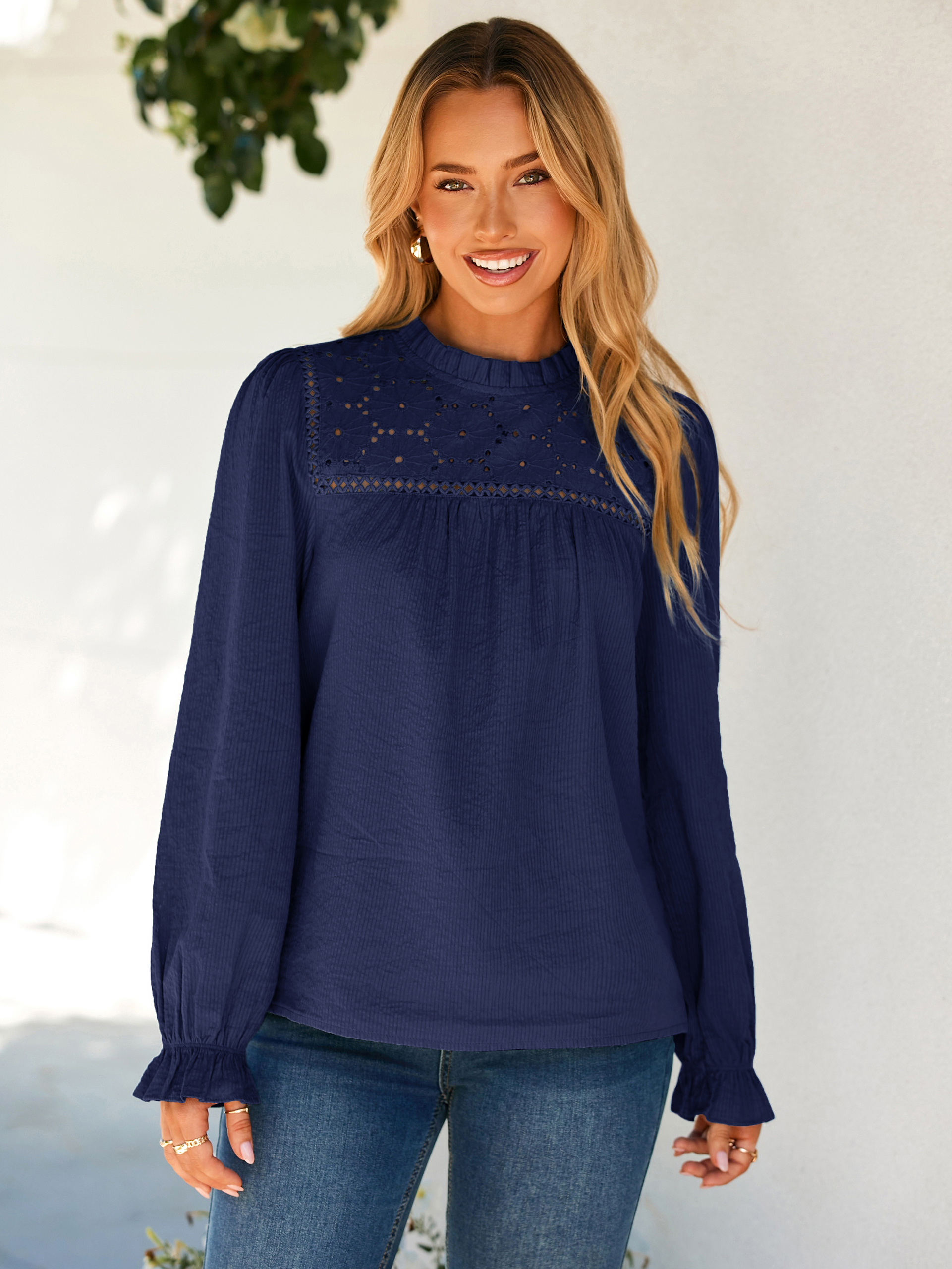 Eyelet Lace Long Sleeve Cotton Blouse - Navy Blue