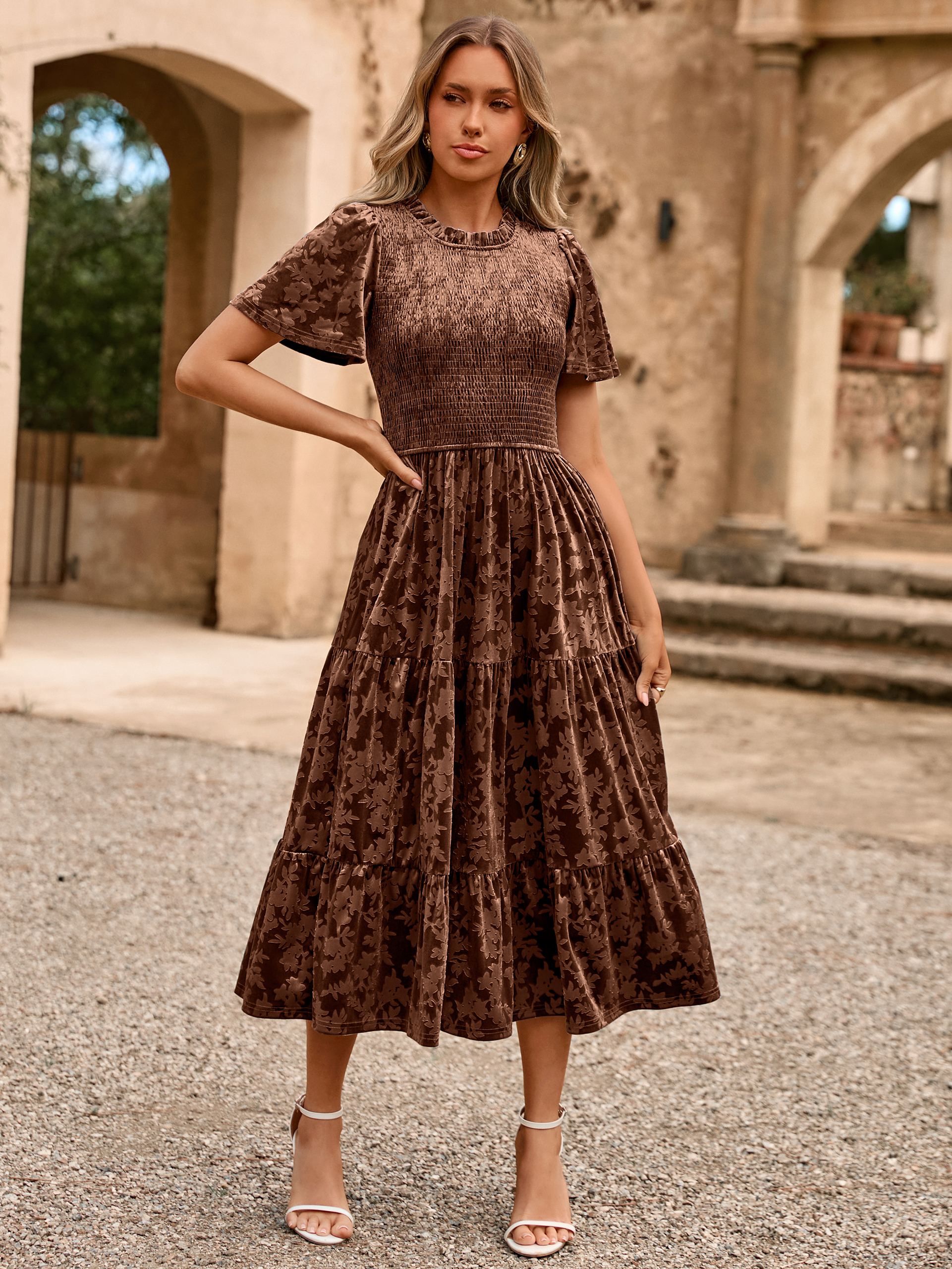 Ruffle Neck Smocked Velvet Floral Maxi Dress - Brown