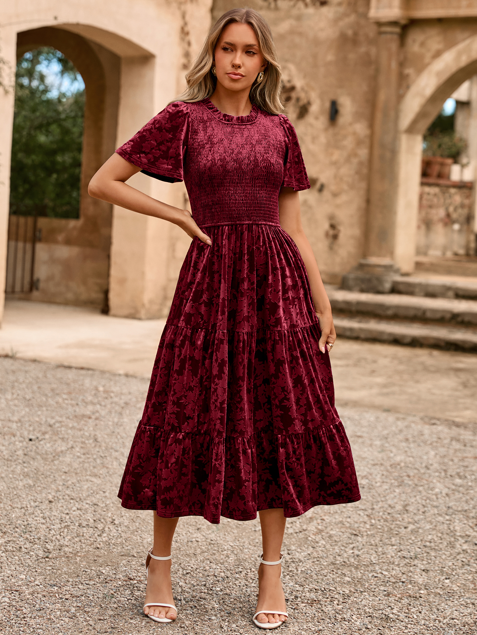 Ruffle Neck Smocked Velvet Floral Maxi Dress - Wine Red