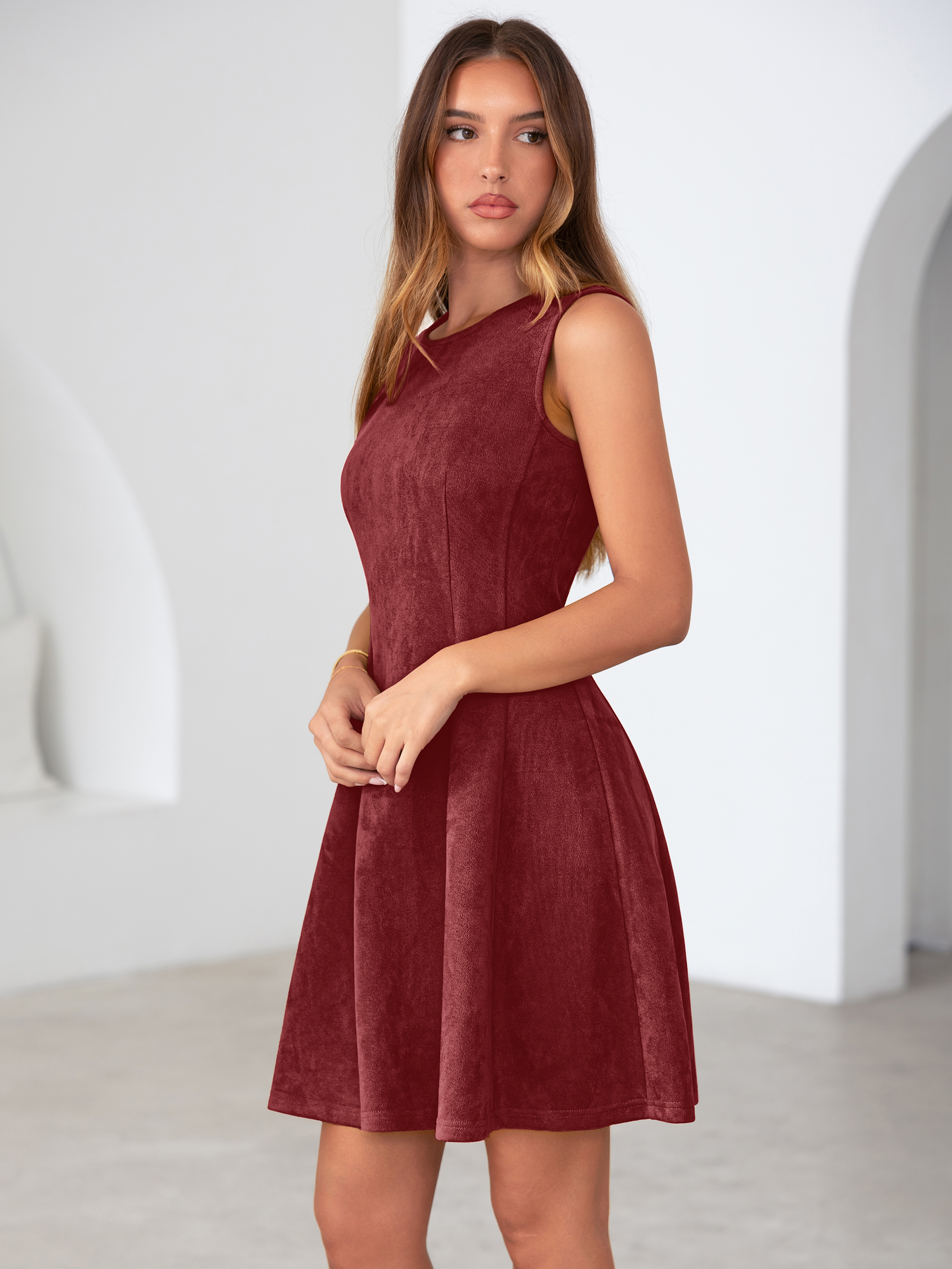 Faux Suede Sleeveless A Line Semi Formal Dress