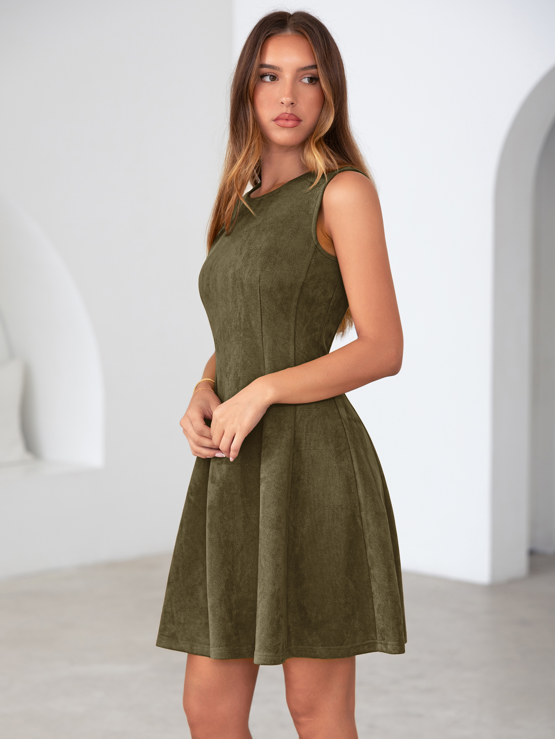 Faux Suede Sleeveless A Line Semi Formal Dress