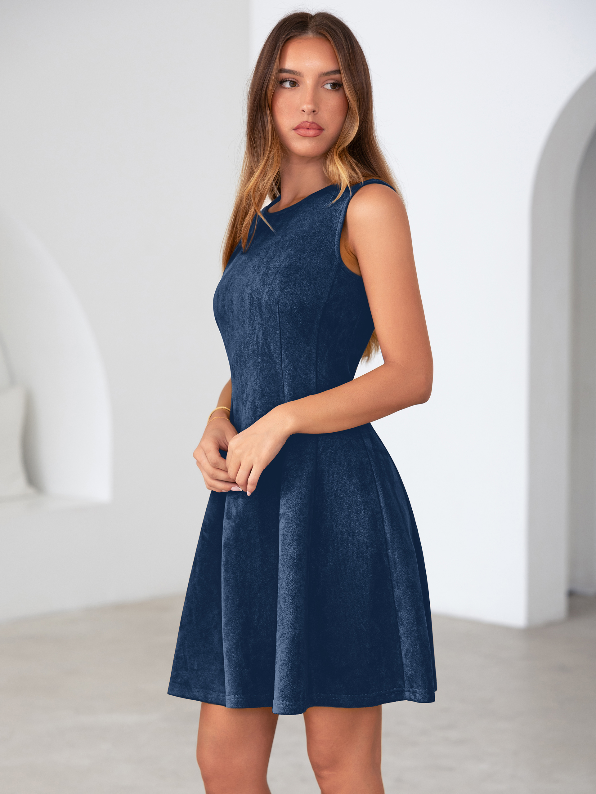 Faux Suede Sleeveless A Line Semi Formal Dress