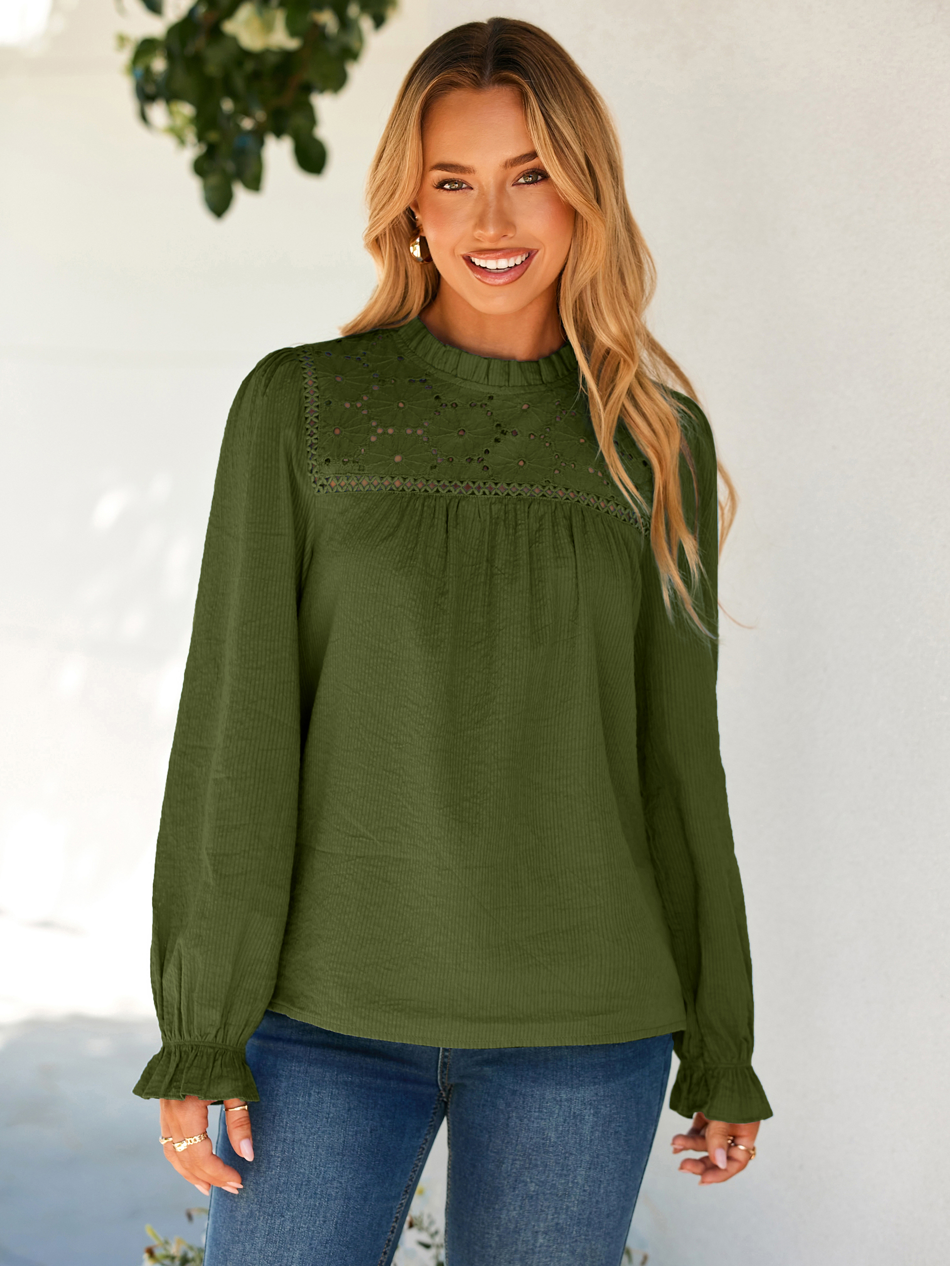Eyelet Lace Long Sleeve Cotton Blouse - Army Green