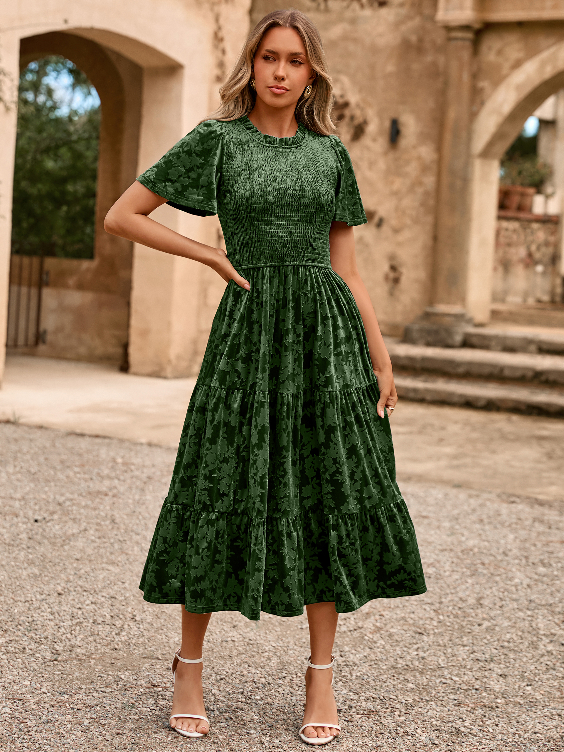 Ruffle Neck Smocked Velvet Floral Maxi Dress - Army Green