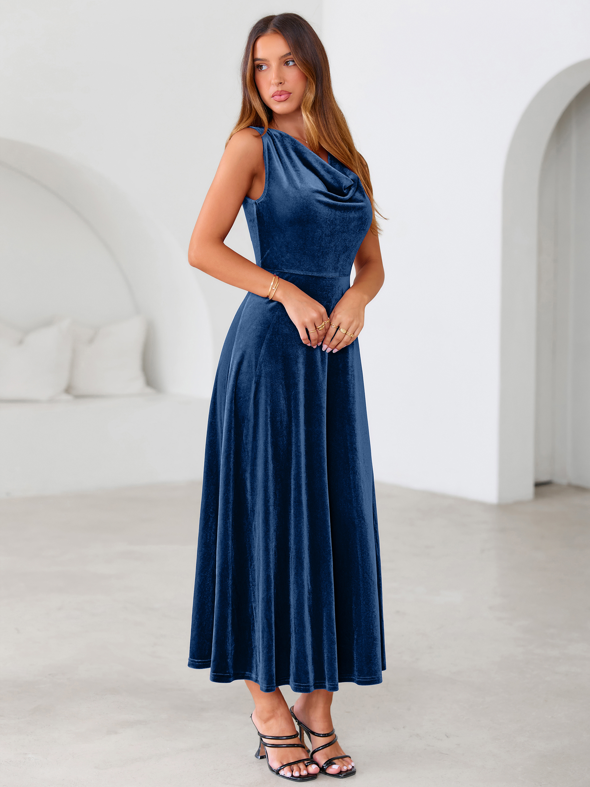 Velvet Cowl Neck Sleeveless A Line Maxi Dress
