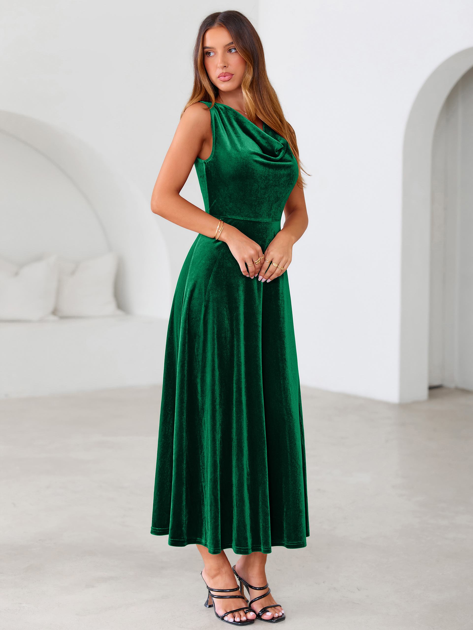 Velvet Cowl Neck Sleeveless A Line Maxi Dress