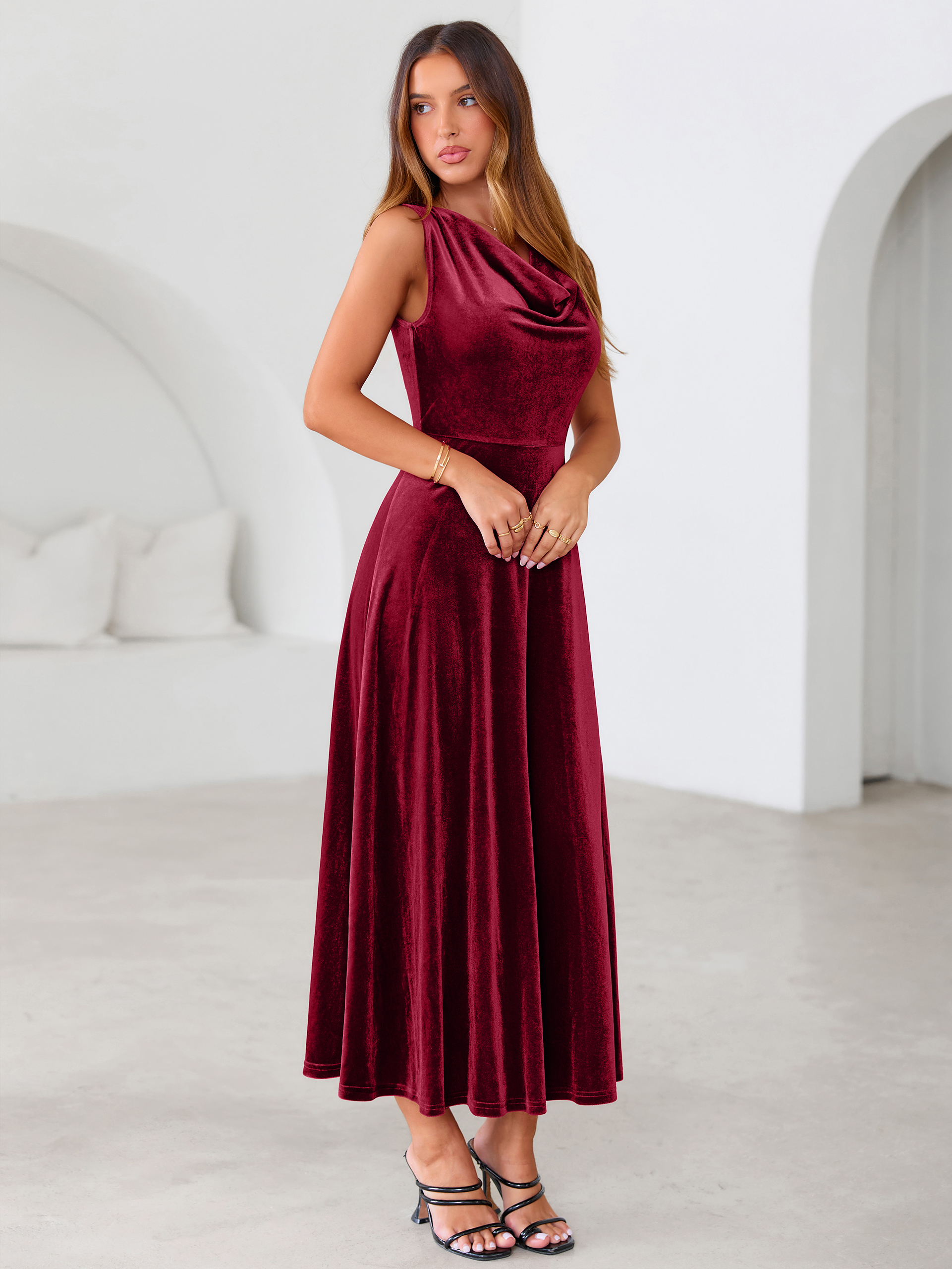 Velvet Cowl Neck Sleeveless A Line Maxi Dress