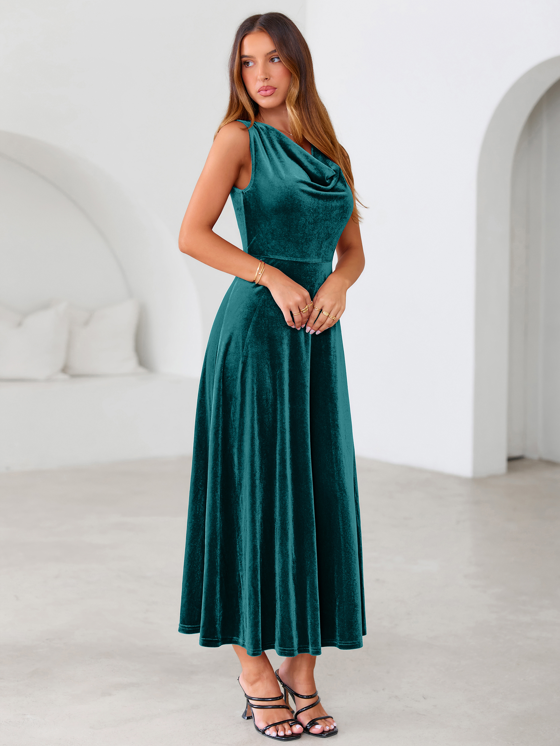 Velvet Cowl Neck Sleeveless A Line Maxi Dress