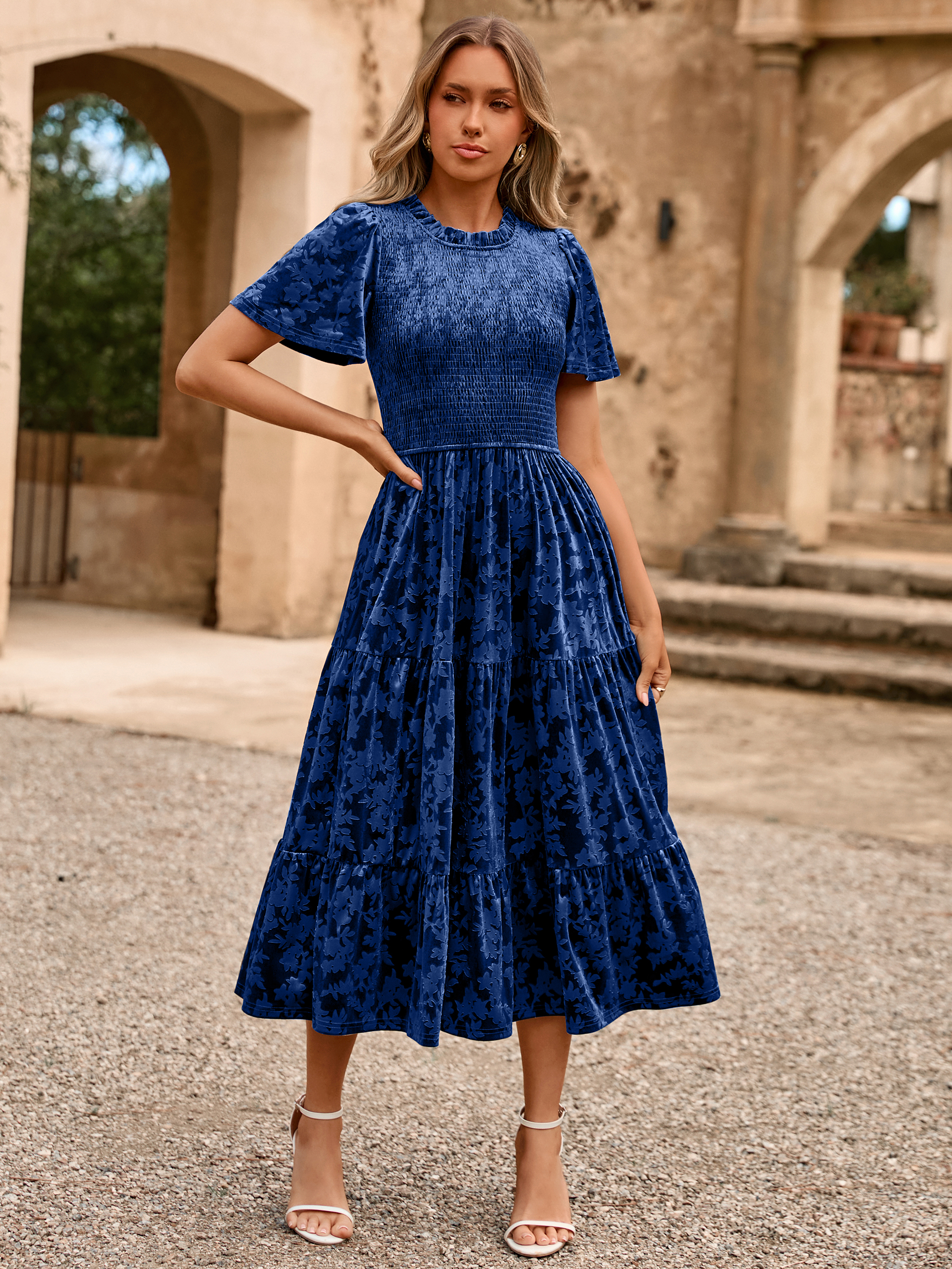 Ruffle Neck Smocked Velvet Floral Maxi Dress - Navy Blue