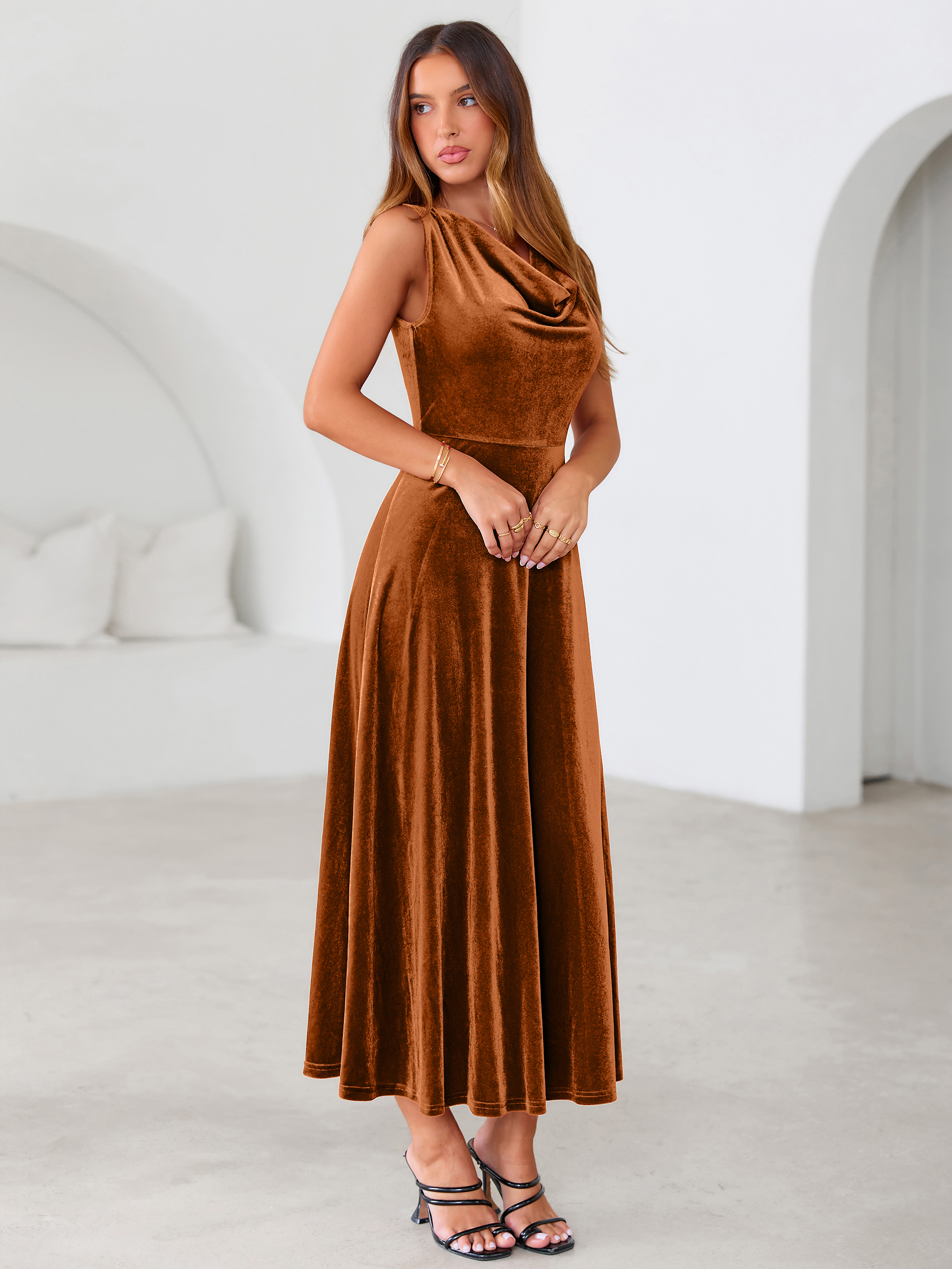 Velvet Cowl Neck Sleeveless A Line Maxi Dress