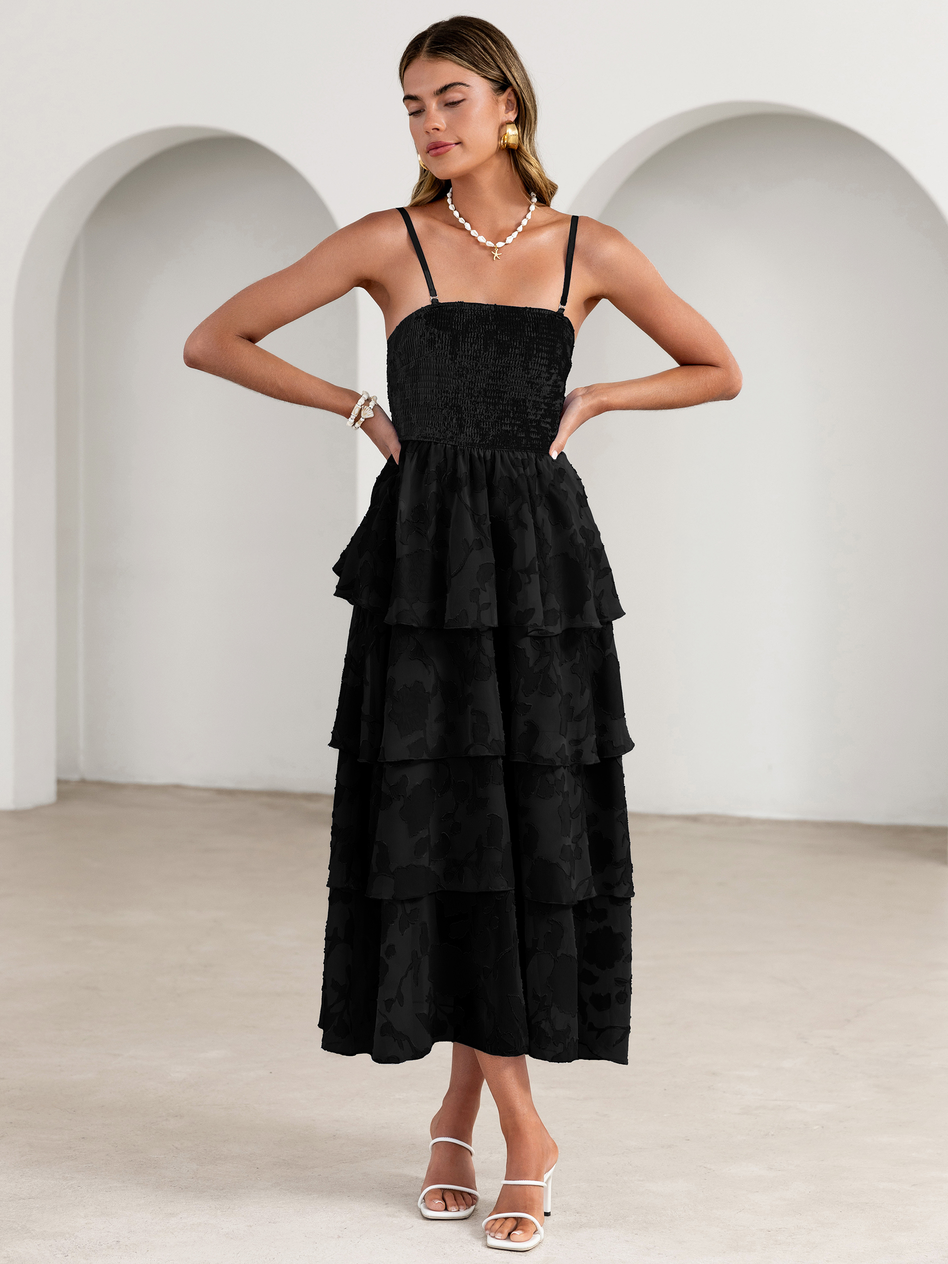 Floral Strapless Smocked Tiered Maxi Dress - Black