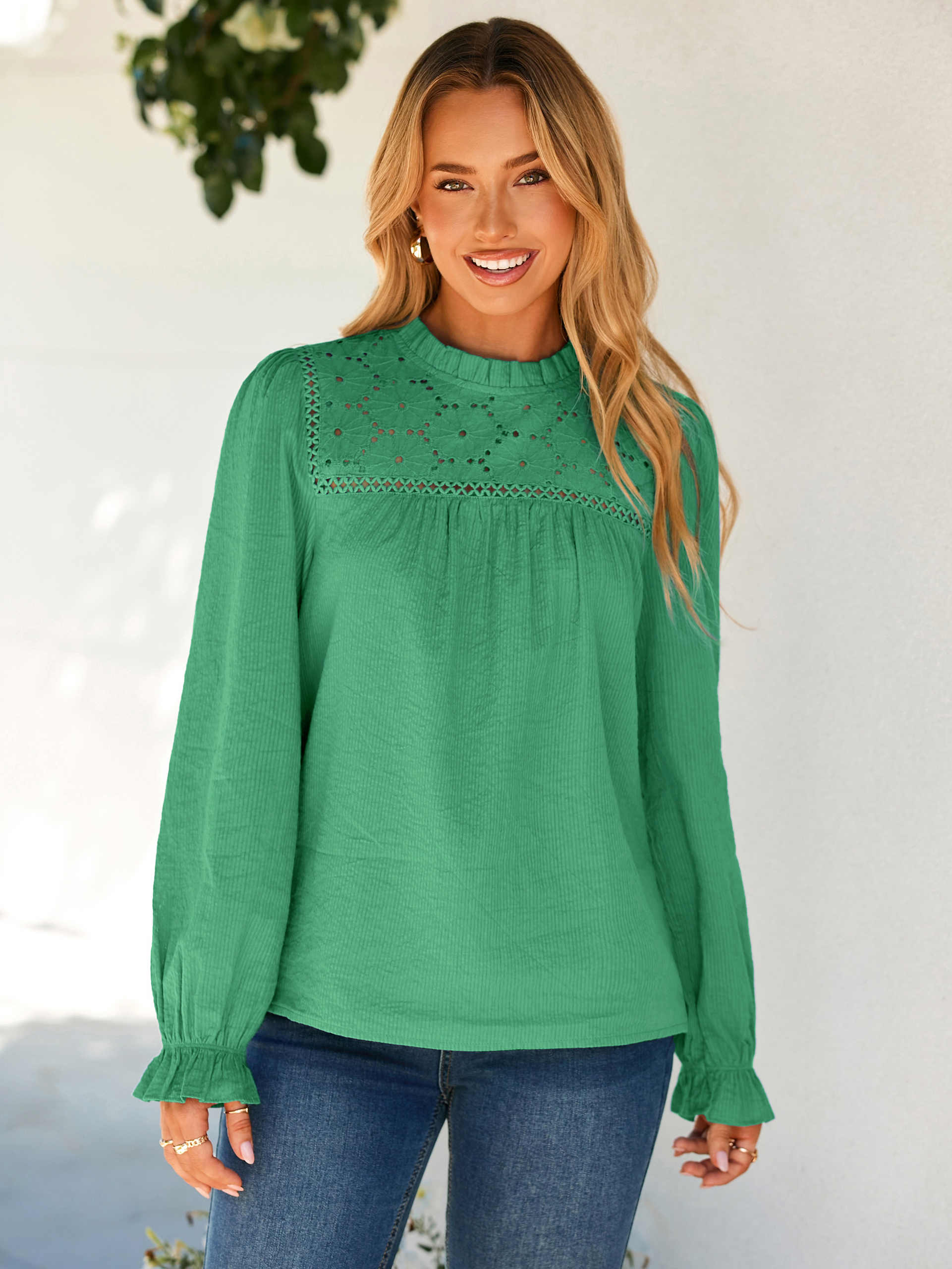 Eyelet Lace Long Sleeve Cotton Blouse - Green