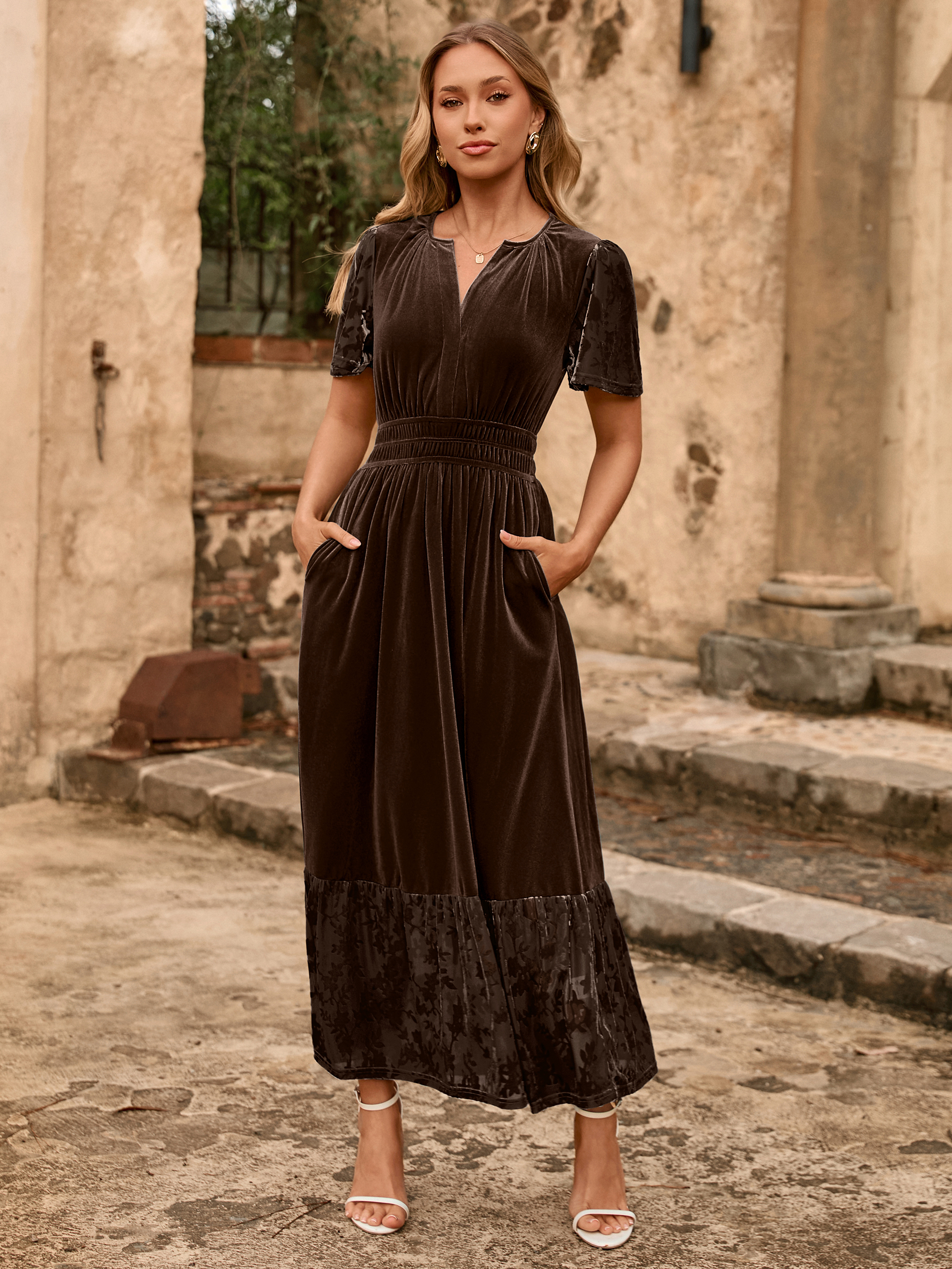 Velvet Floral Burnout V Neck Maxi Dress - Brown