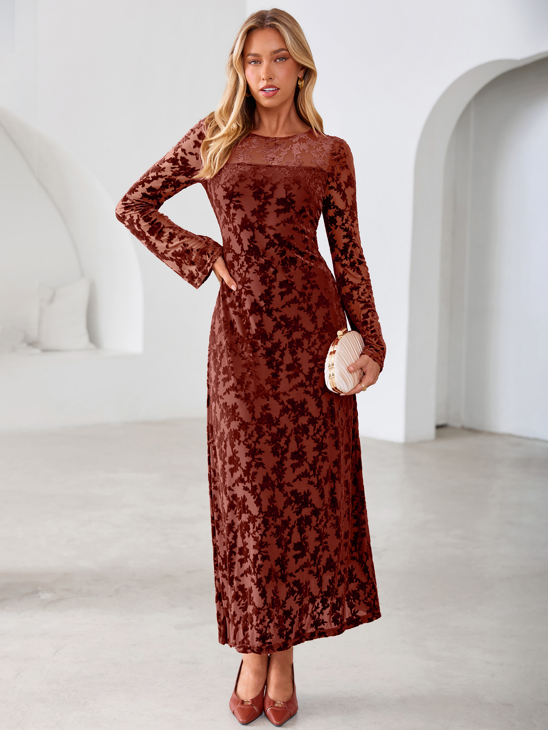 Floral Burnout Velvet Mesh Long Sleeve Maxi Dress - Rust Red