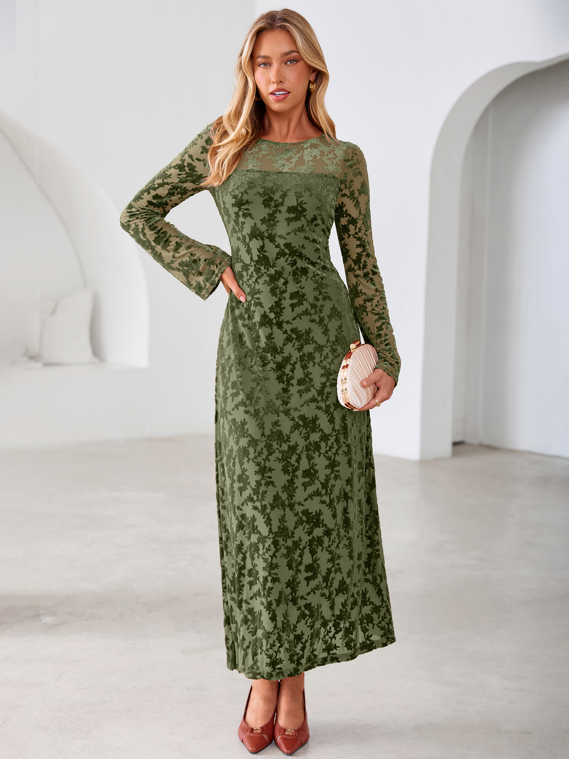 Floral Burnout Velvet Mesh Long Sleeve Maxi Dress - Army Green
