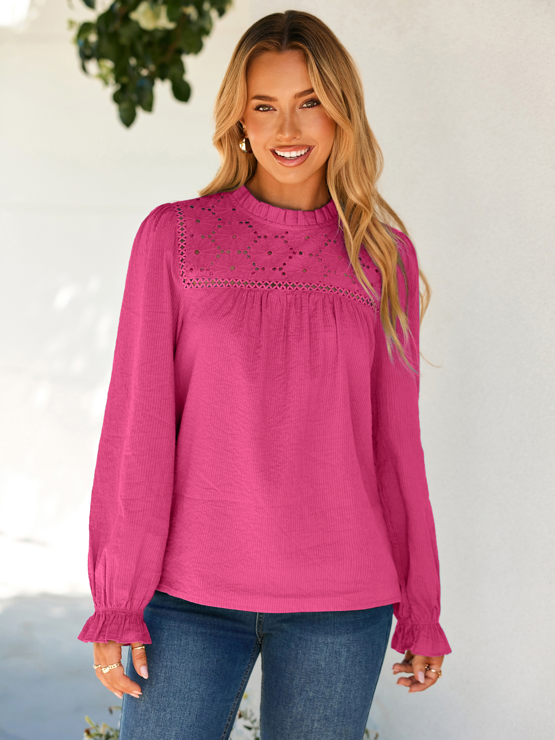 Eyelet Lace Long Sleeve Cotton Blouse - Rose Red