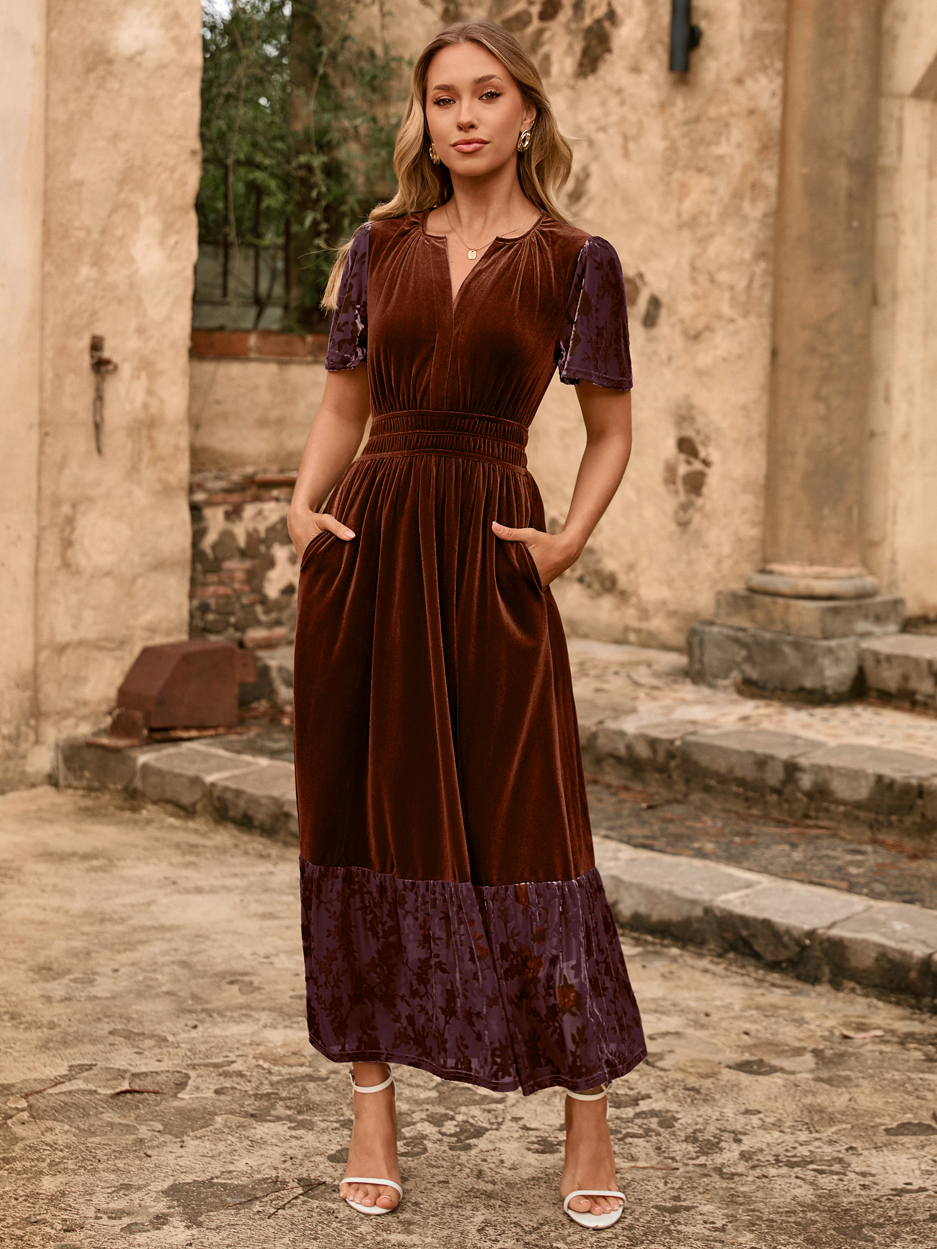 Velvet Floral Burnout V Neck Maxi Dress - Rust Red